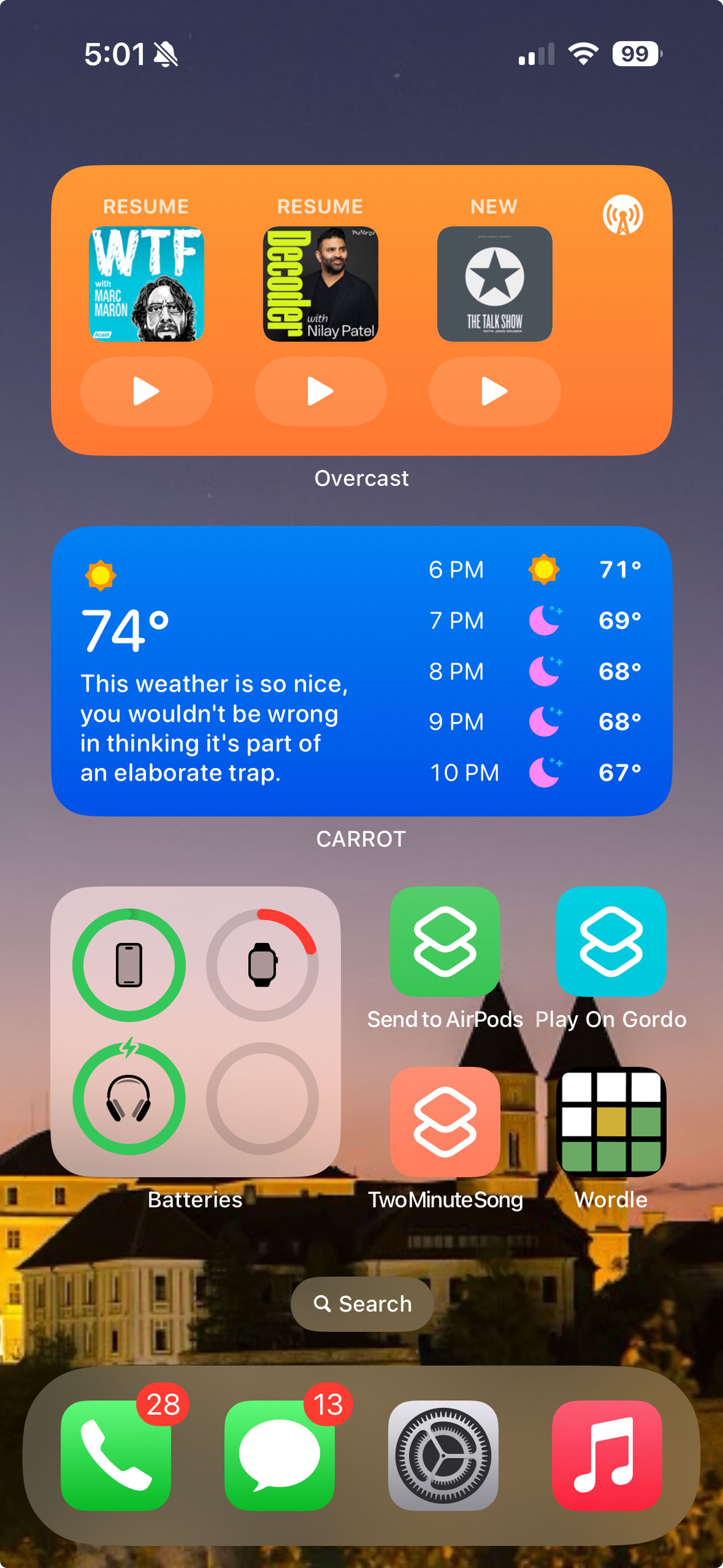 A screenshot of an iOS homescreen, with two screen-spanning widgets at the top, one four-app widget on the bottom left and four apps on the bottom right. Four apps in the dock.