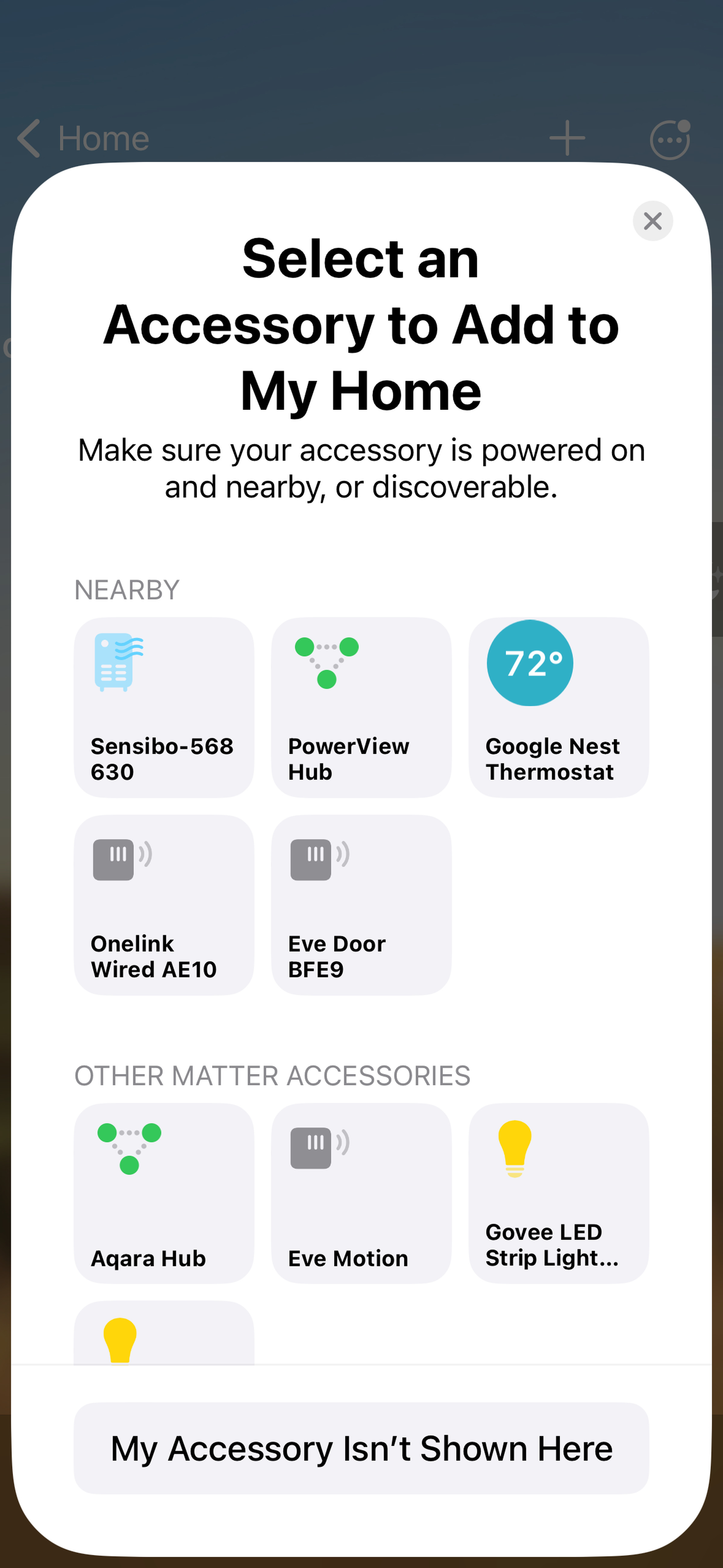 <em>Select the Nest Thermostat or if it’s not showing tap <strong>My Accessory Isn’t Shown Here.</strong></em>
