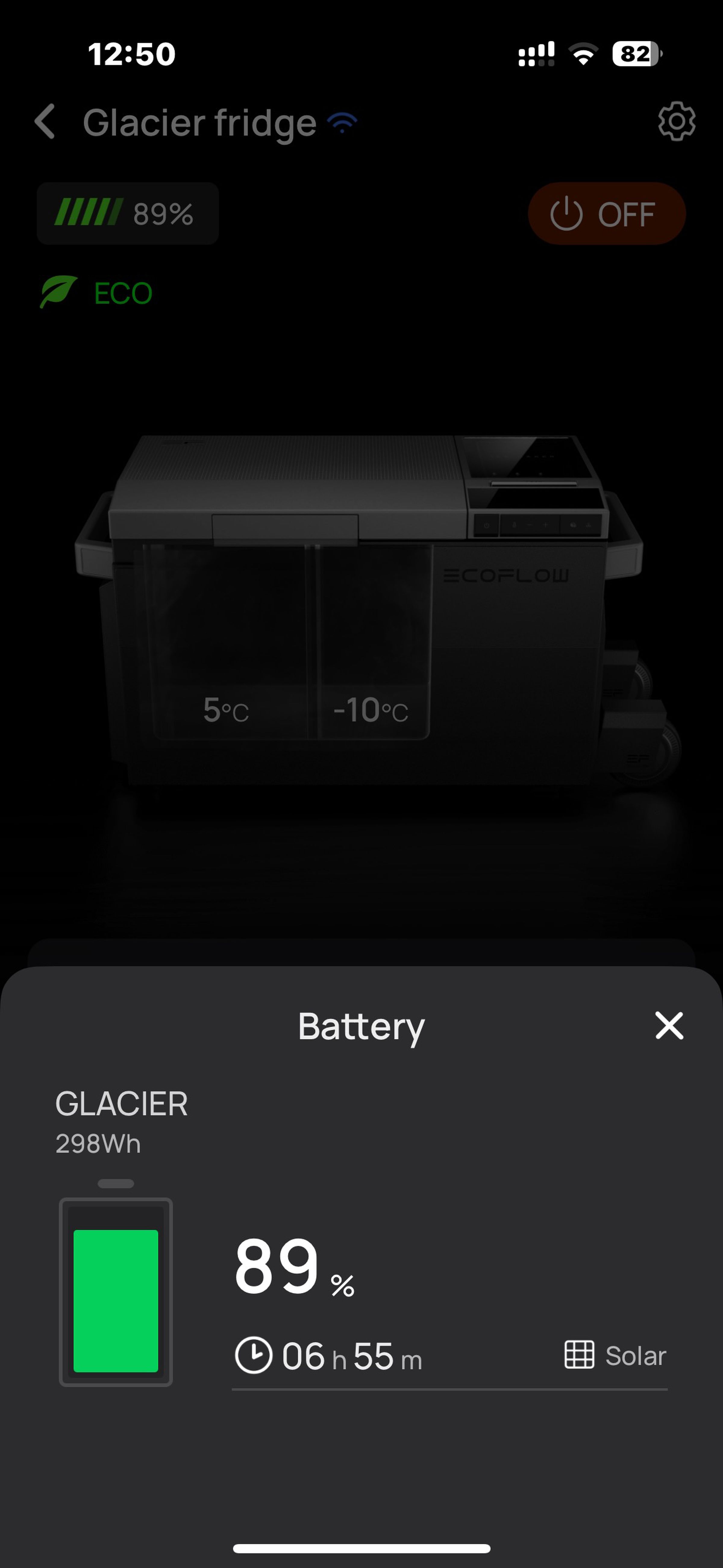 <em>The EcoFlow app showing battery power and solar connection.</em>