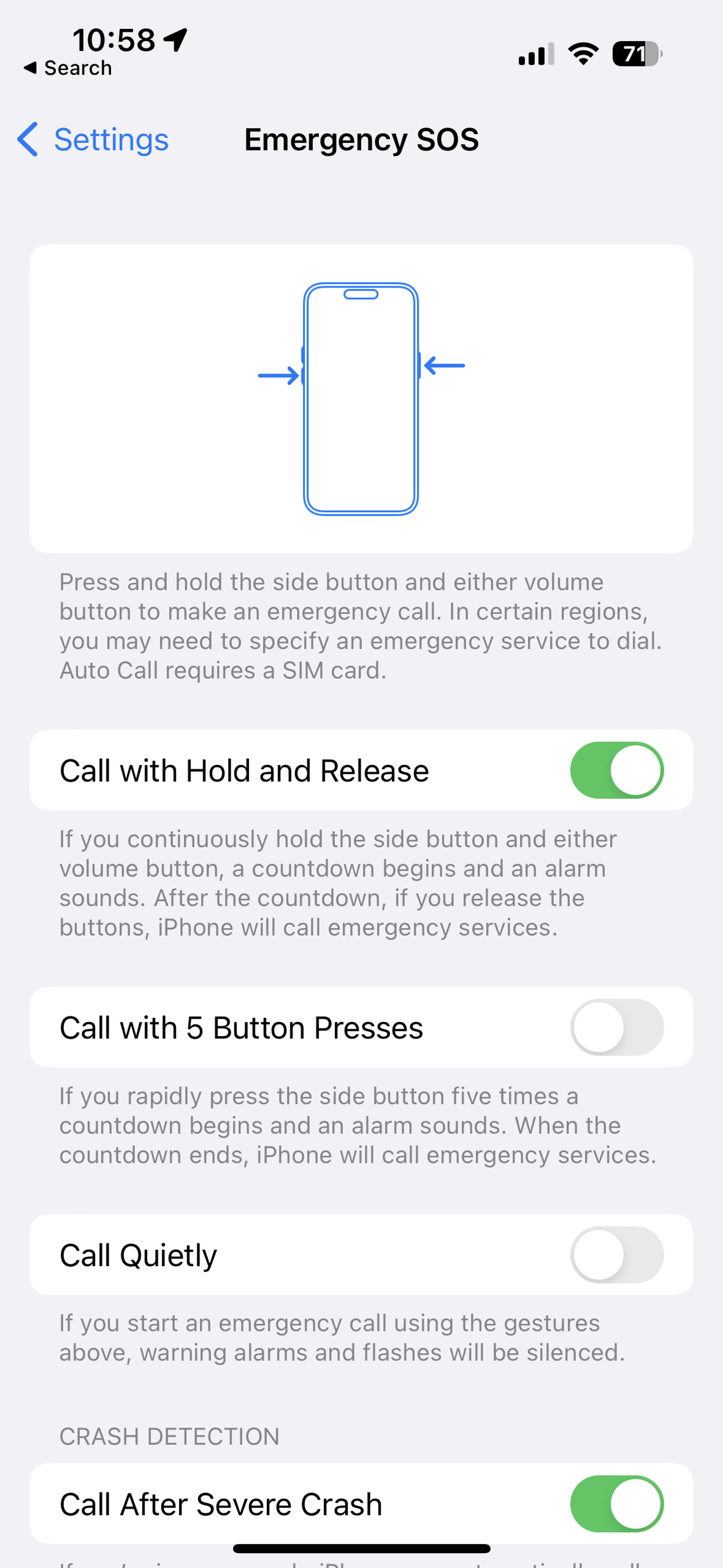iPhone’s Emergency SOS page with toggles for Call with Hold, Call with 5 Presses, Call Quietly, and Call After Severe Crash.