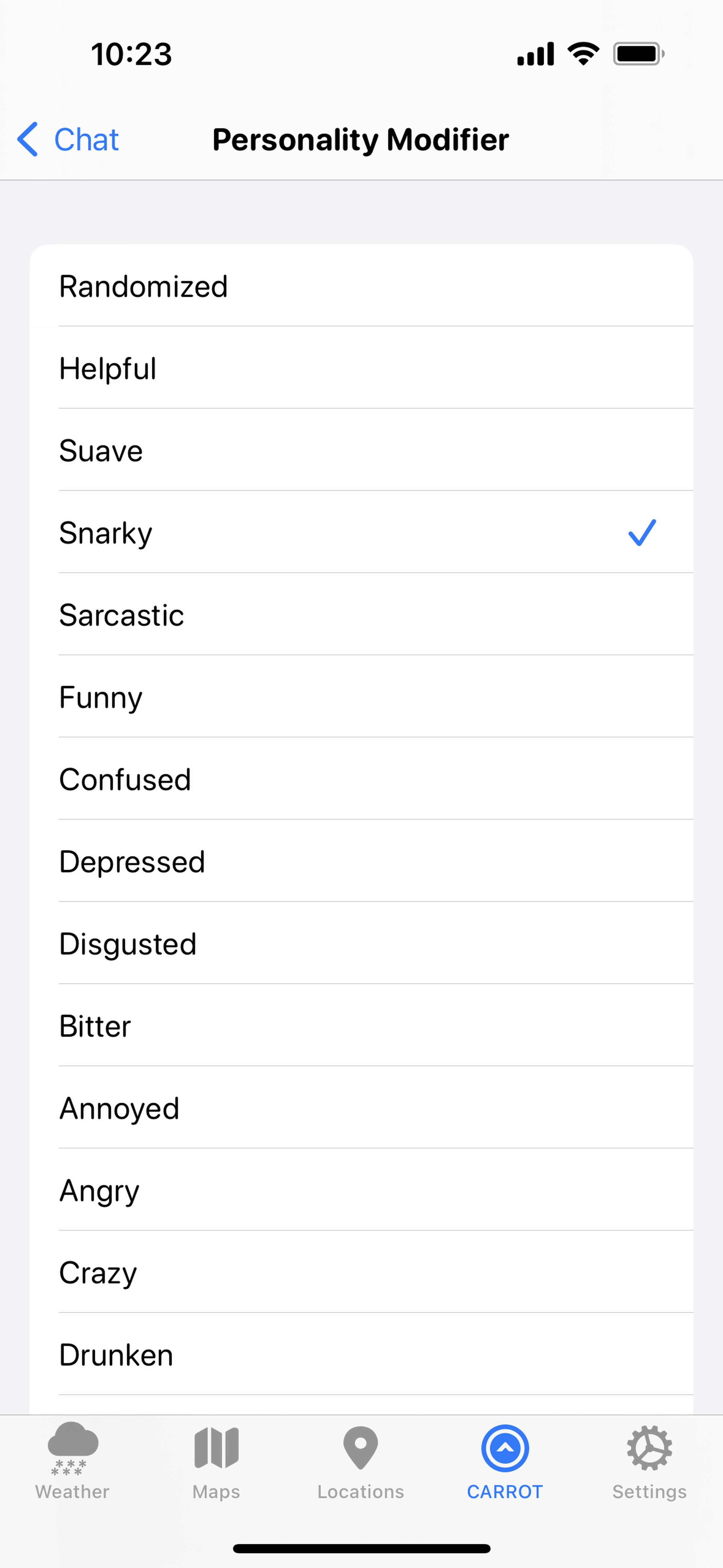 A list of Carrot Weather’s personality options for its new ChatGPT chatbot feature, such as Helpful, Suave, Snarky, and Bitter.