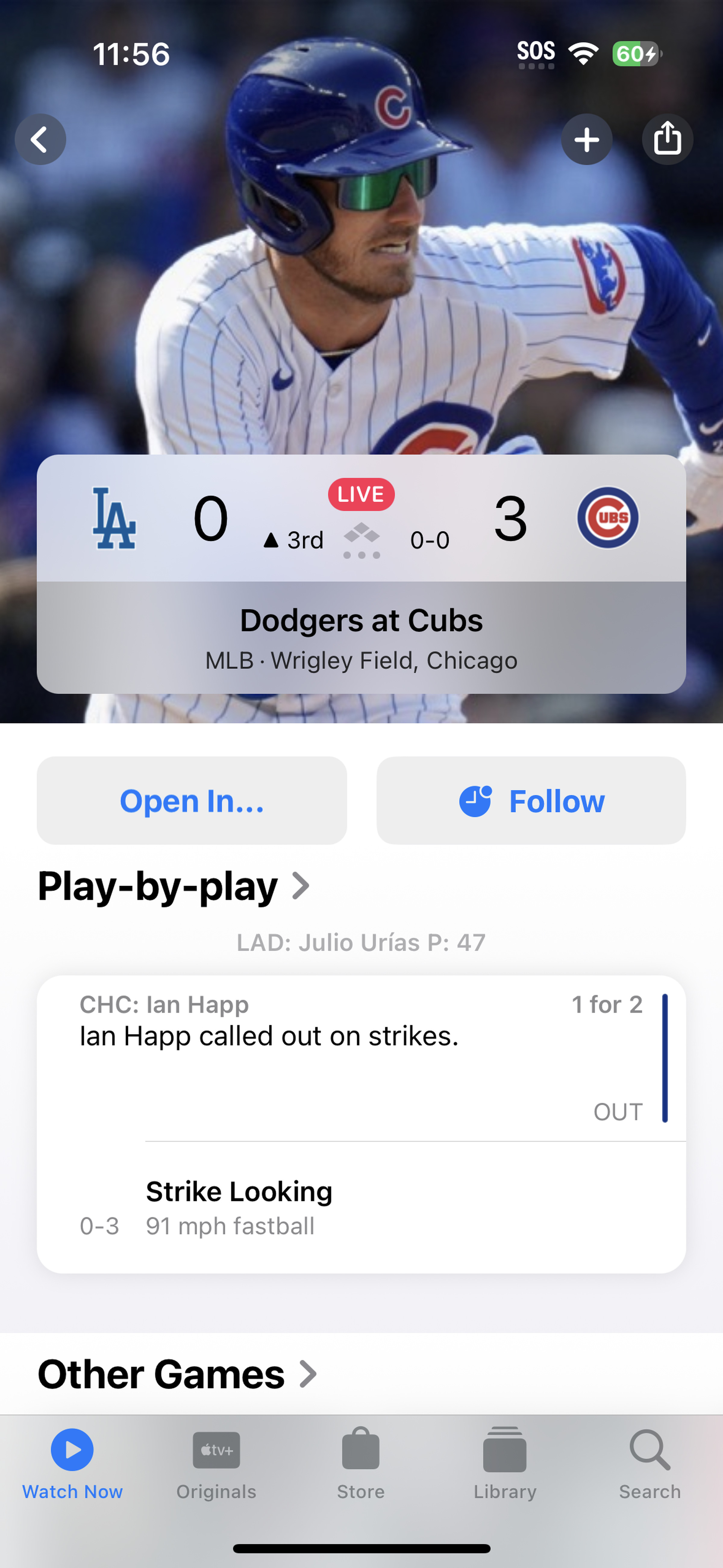 Screenshot of Apple TV app showing scores of a game between the Dodgers and Cubs.