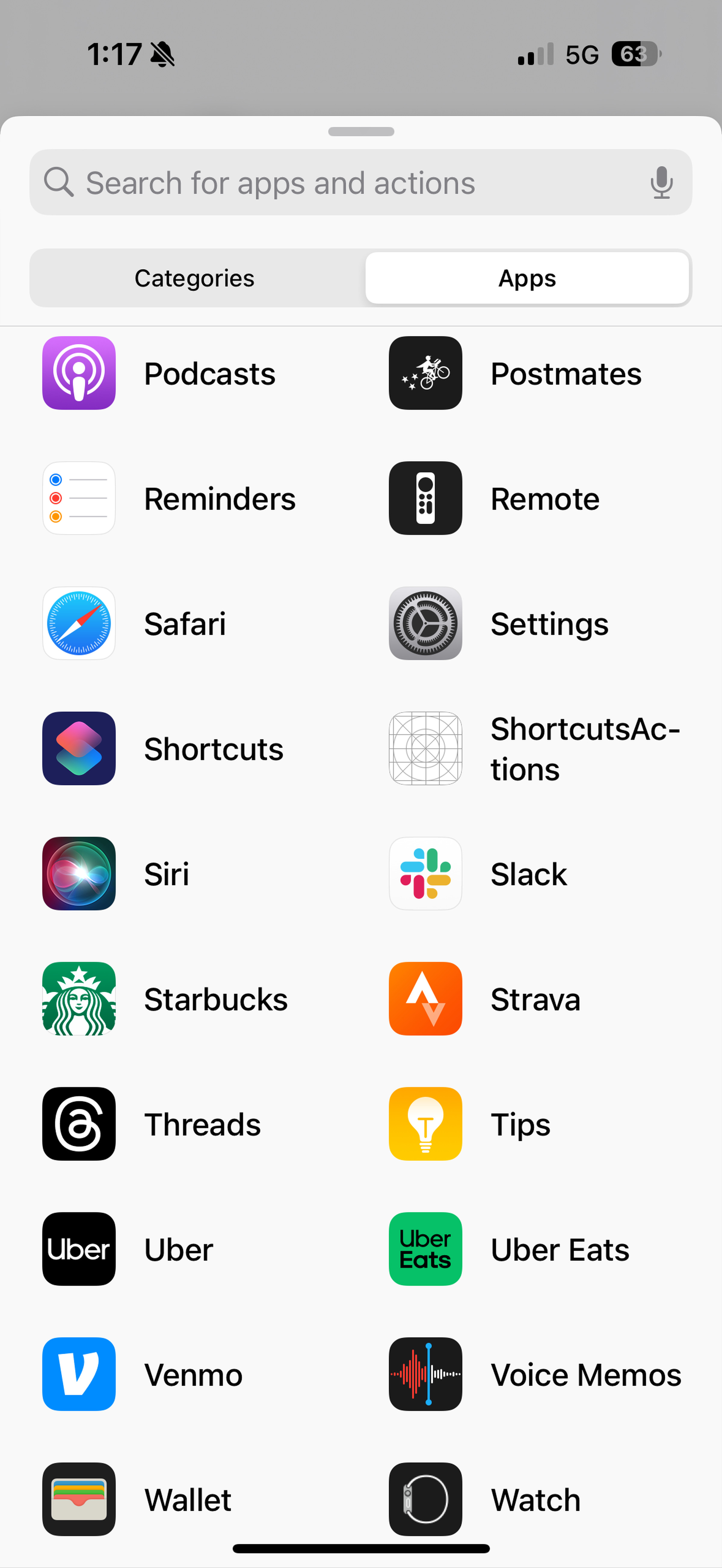 Screenshot of Shortcut app options