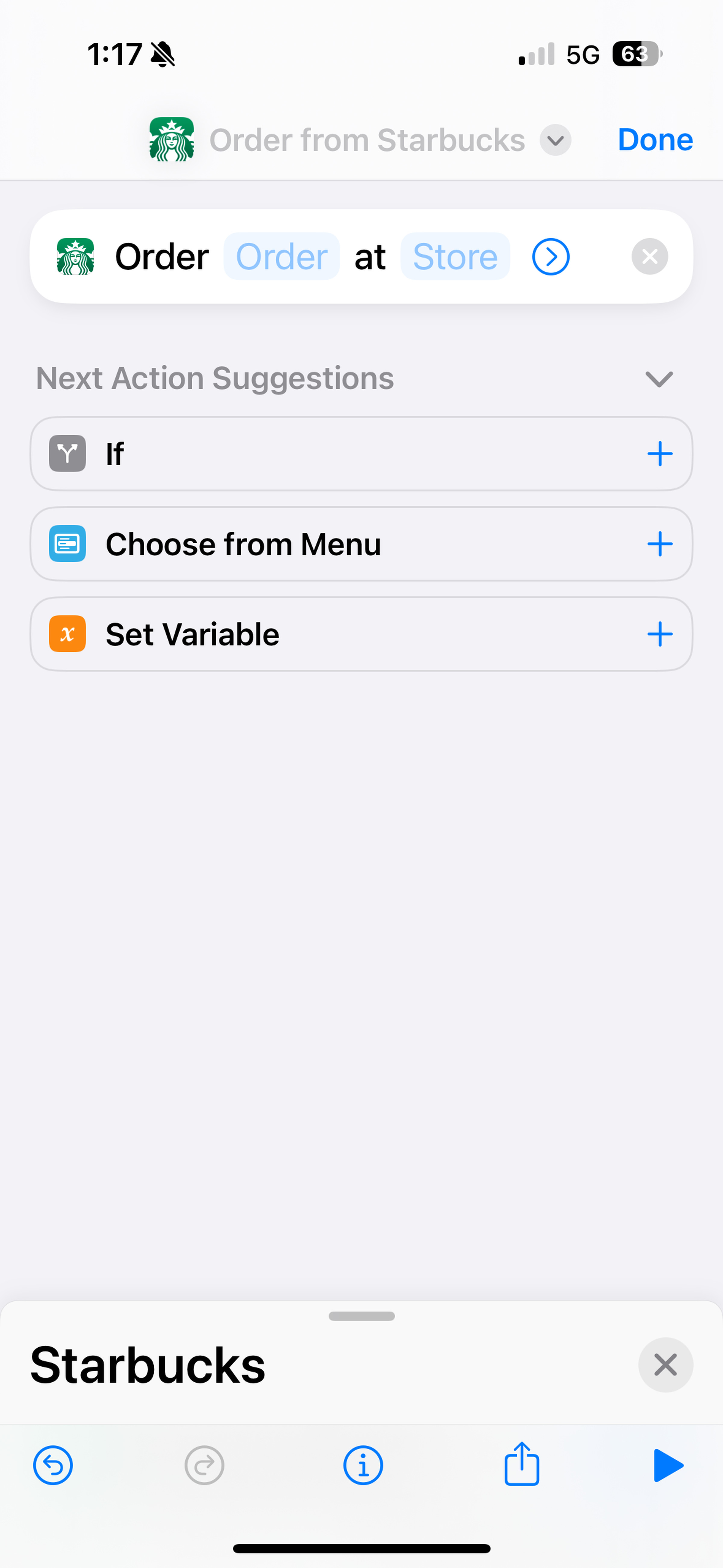 Screenshot showing the flow for creating a custom order in a Starbucks shortcut.