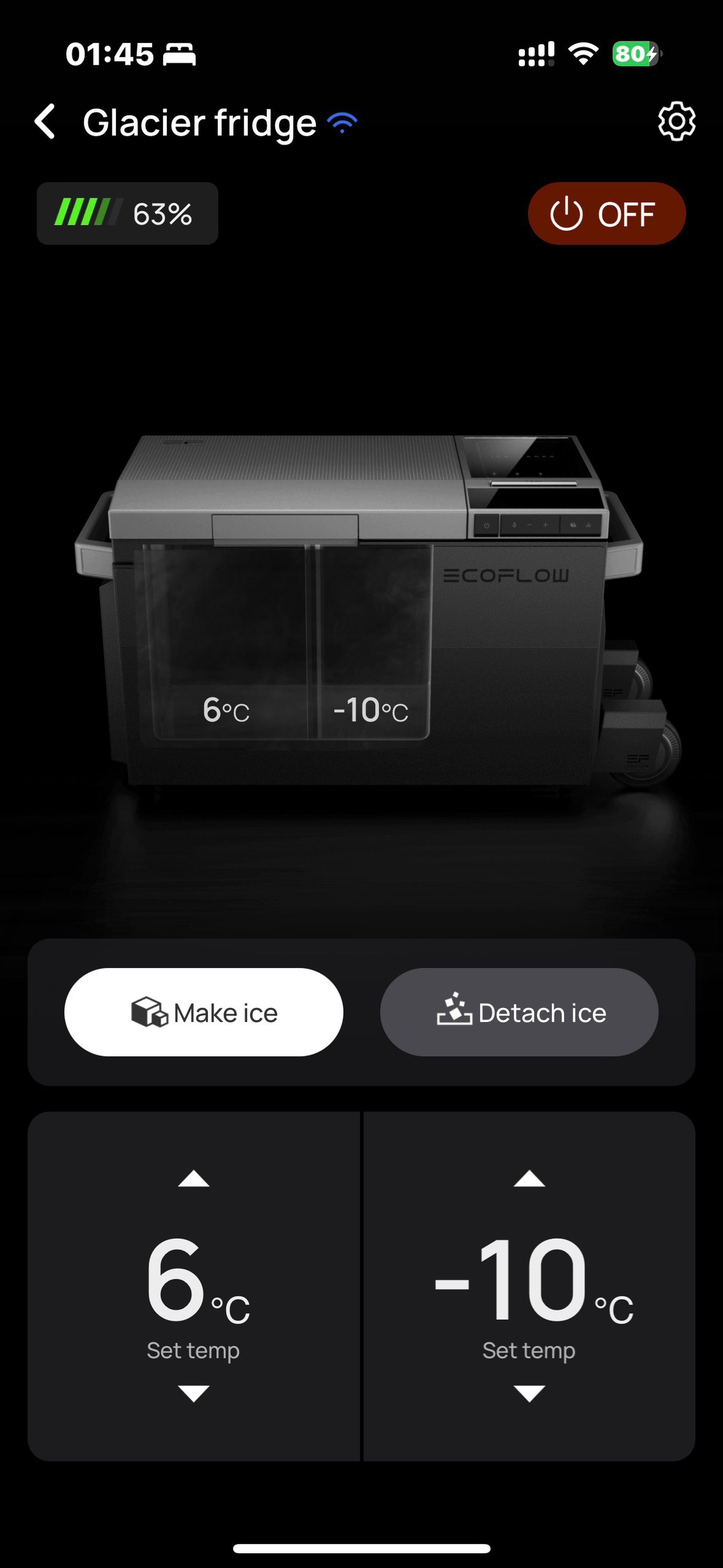 The excellent EcoFlow app clearly shows the two steps required to make ice, alongside desired and actual temperatures, and battery power remaining.