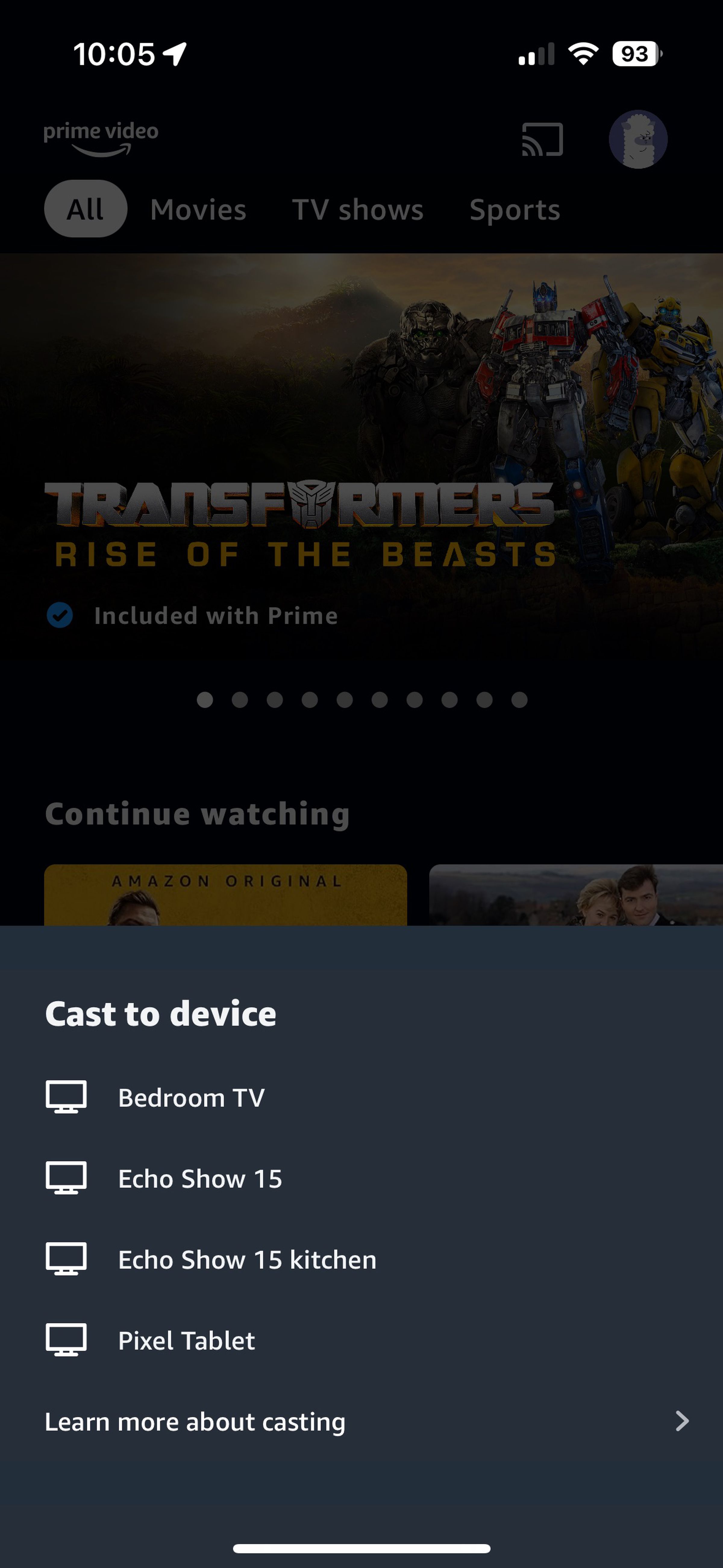 Casting options through the Prime Video app on an iPhone to a Pixel Tablet and Chromecast with Google TV device via Chromecast and to Echo Show 15 devices through Matter. 