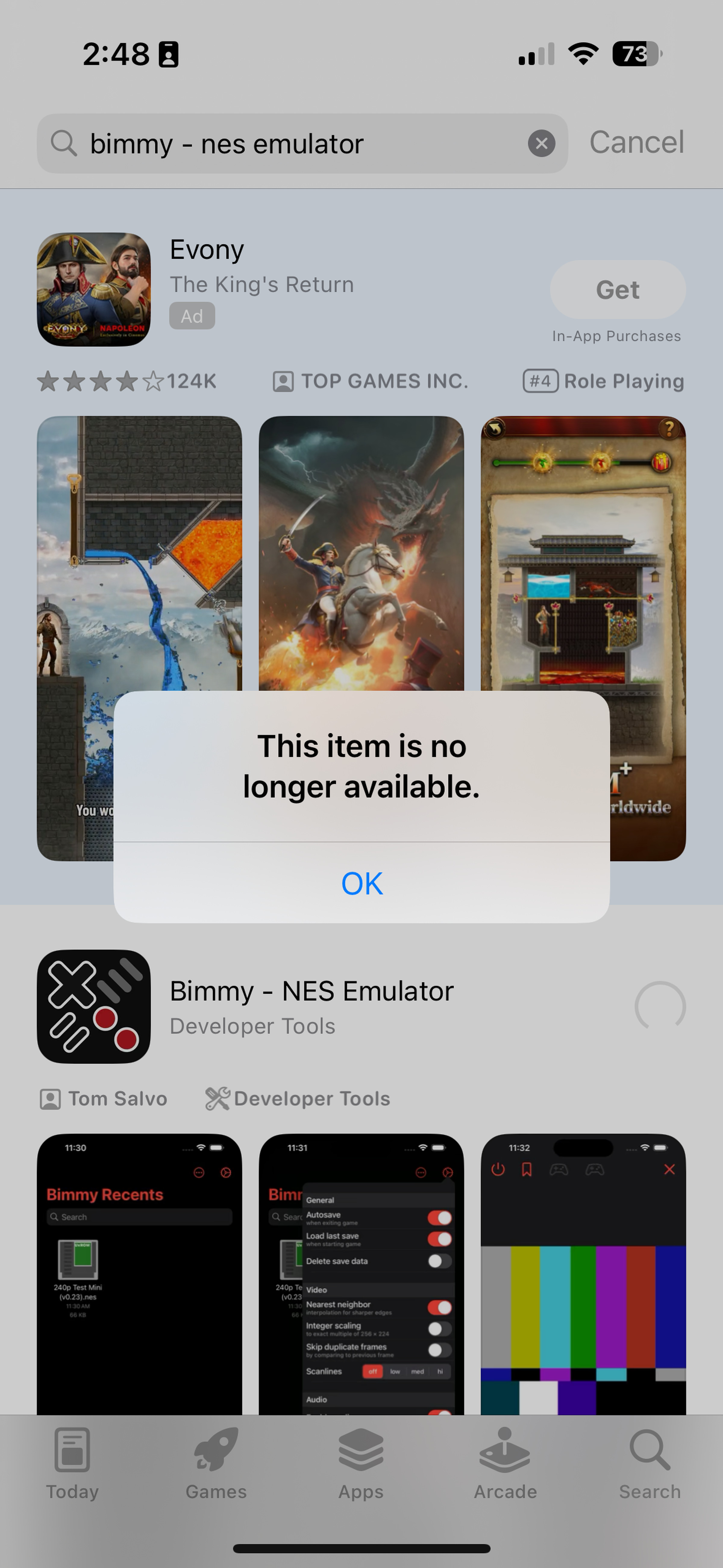 A screenshot of the Apple App Store error message saying the app isn’t available.