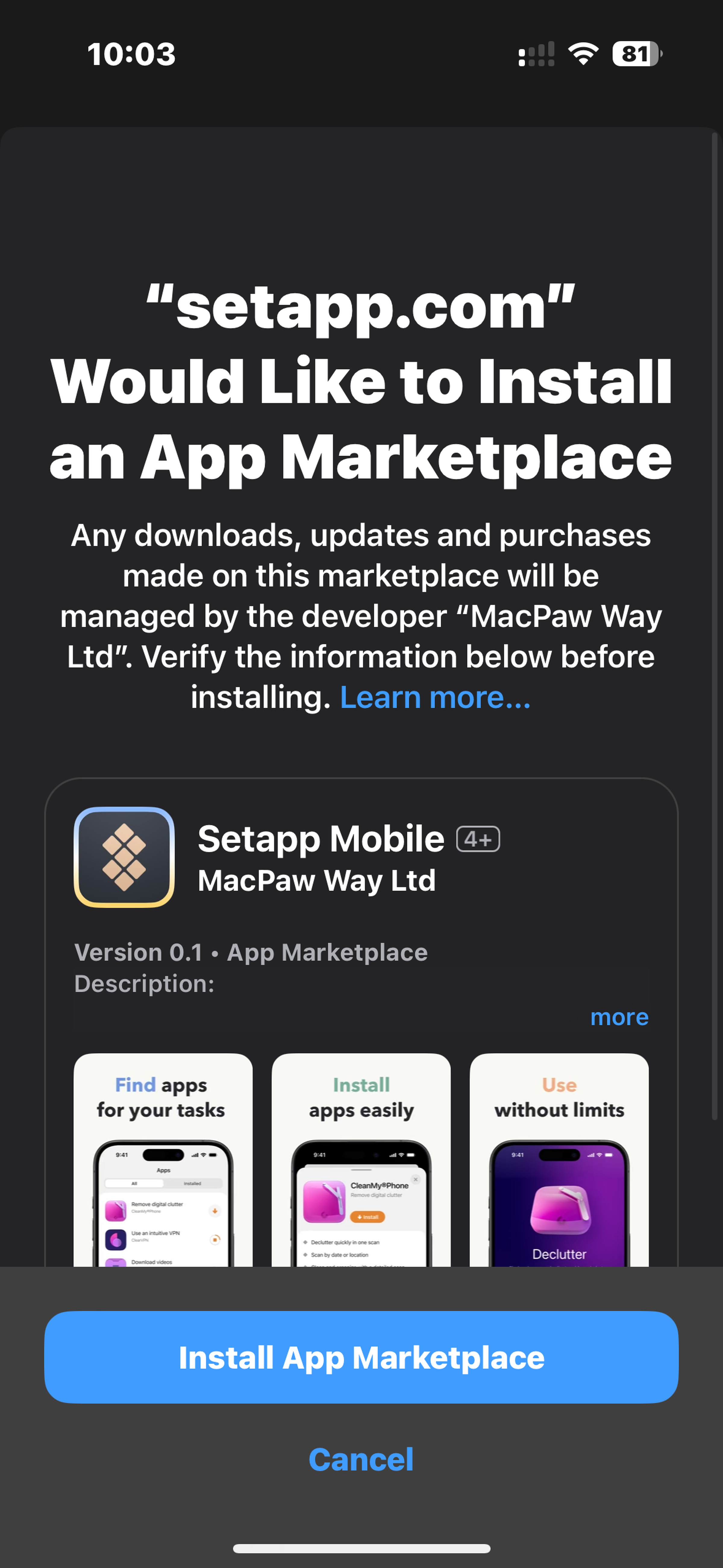 Apple makes double sure you want to install an alternative app marketplace.