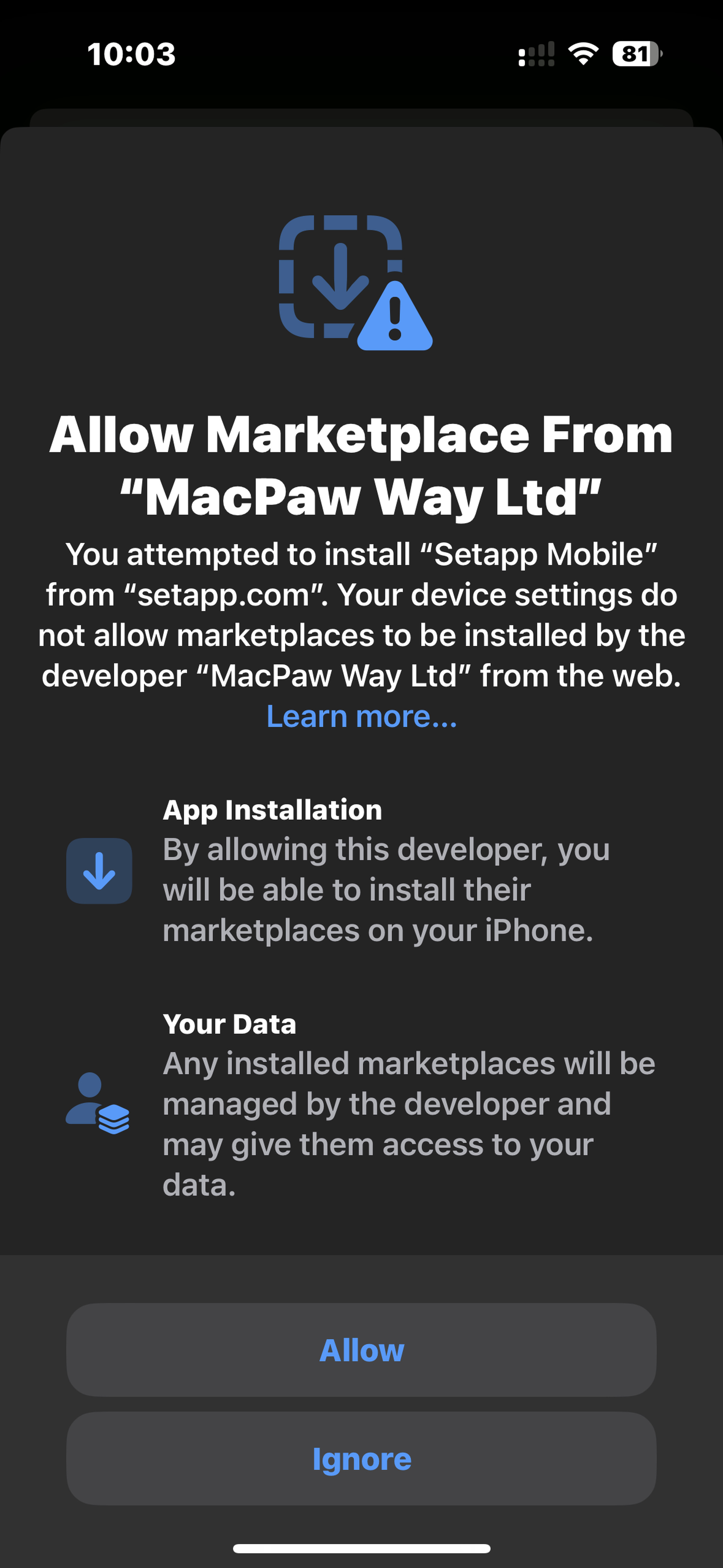 One of the many screens you have to navigate through when installing any alternative app store.