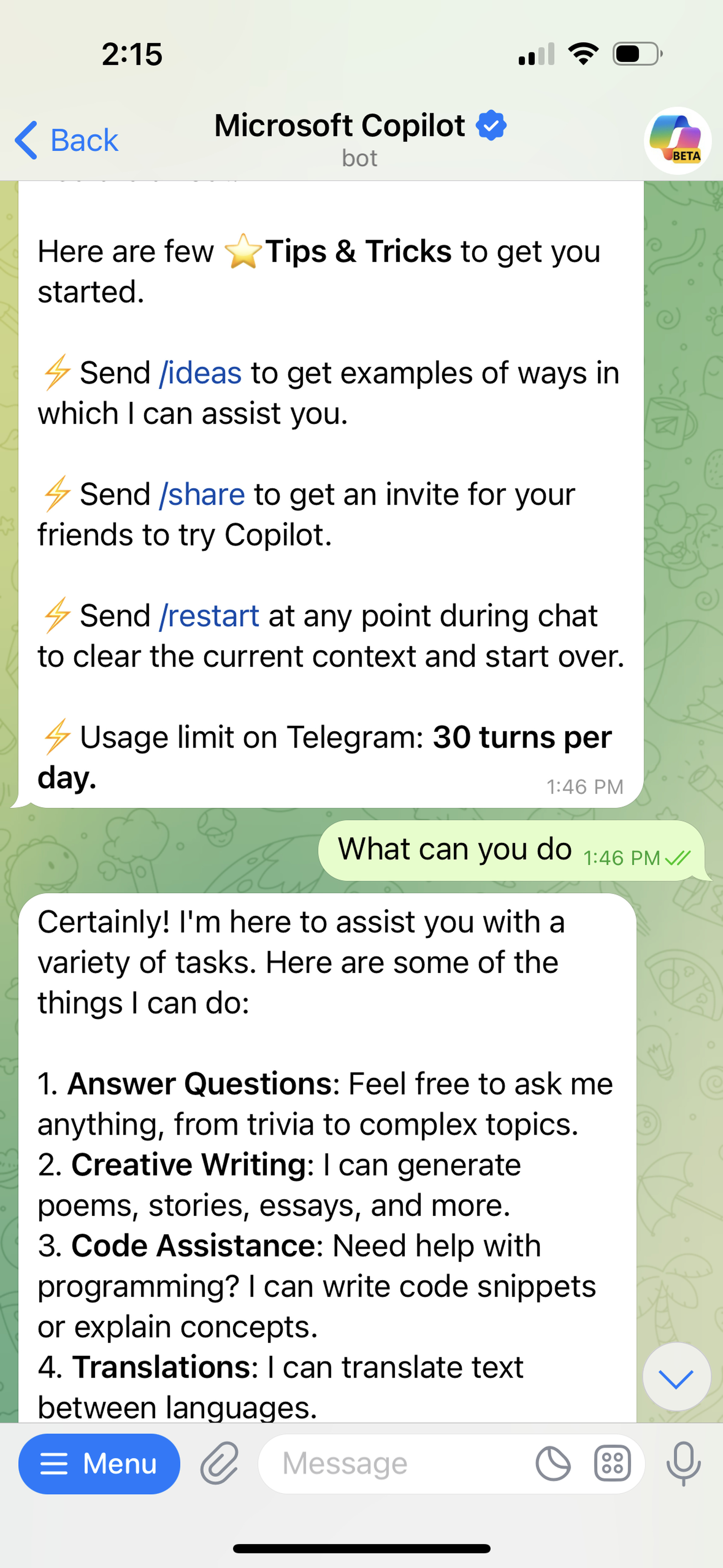 Screenshot of Copilot for Telegram on an iOS device.