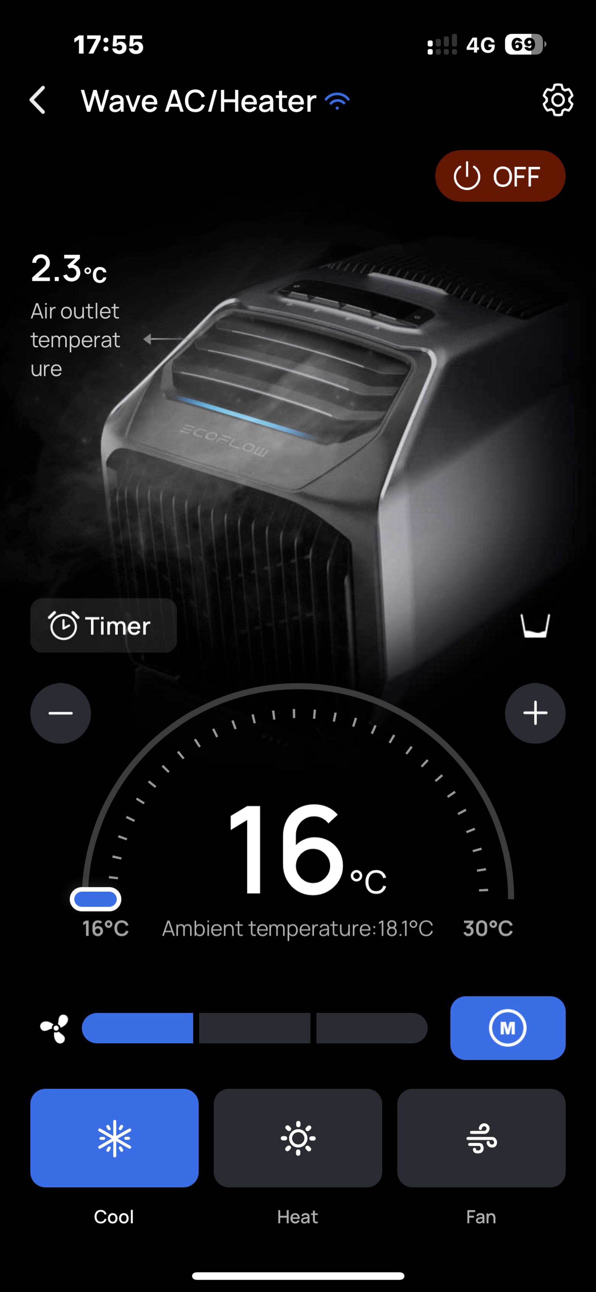 The excellent EcoFlow app works over Bluetooth or Wi-Fi to keep track of your cooling from anywhere. In this case, it was blowing 2.3C (36F) air into the room, which had dropped to 18.1C (65F).