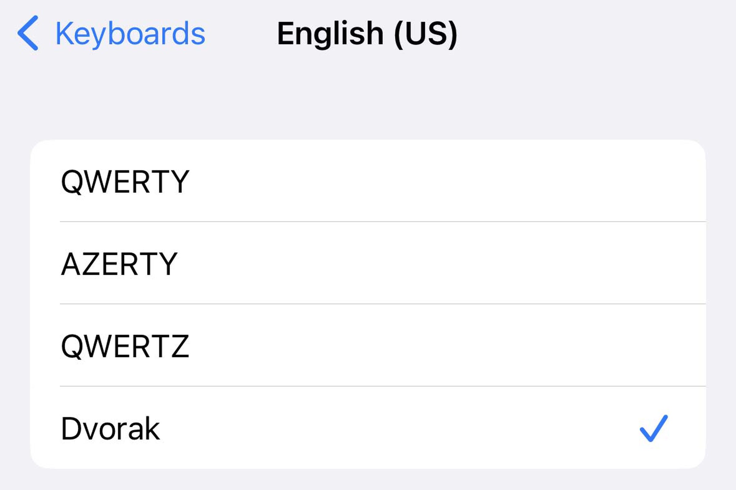 A screenshot of iOS 16’s Keyboards Settings menu.