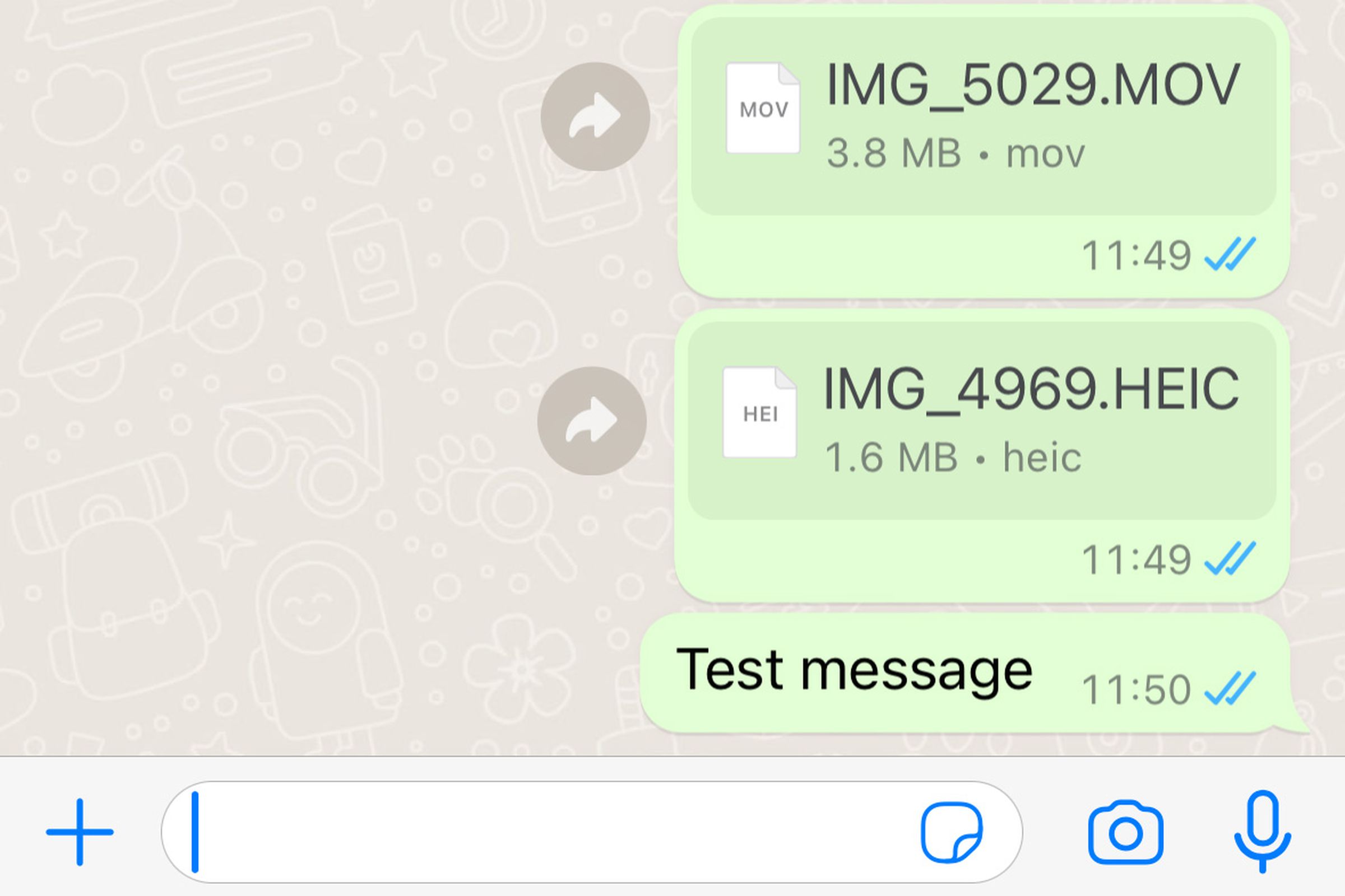 Screenshot showing photo and video sent as file in WhatsApp.