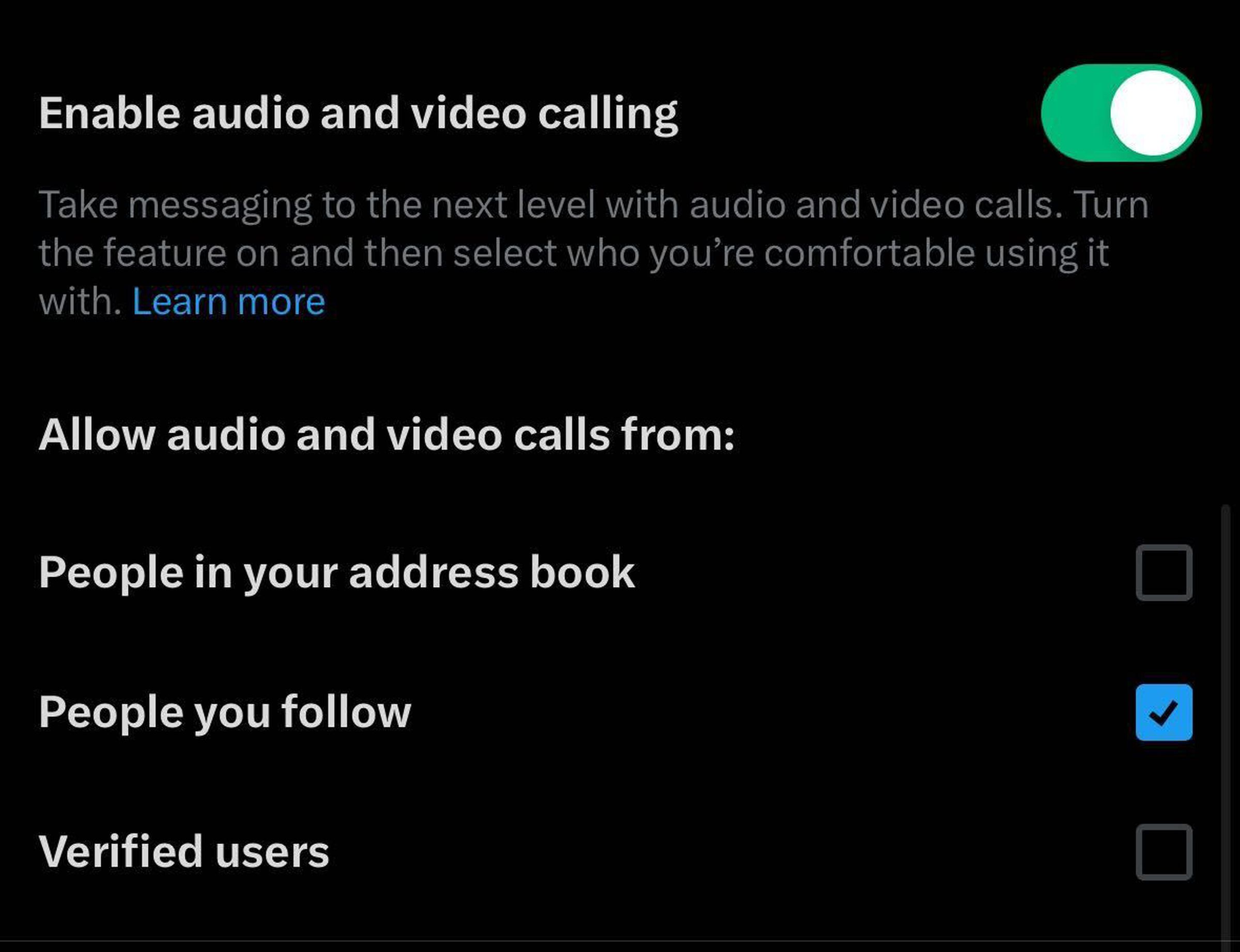 X’s settings now include options for audio and video calling.