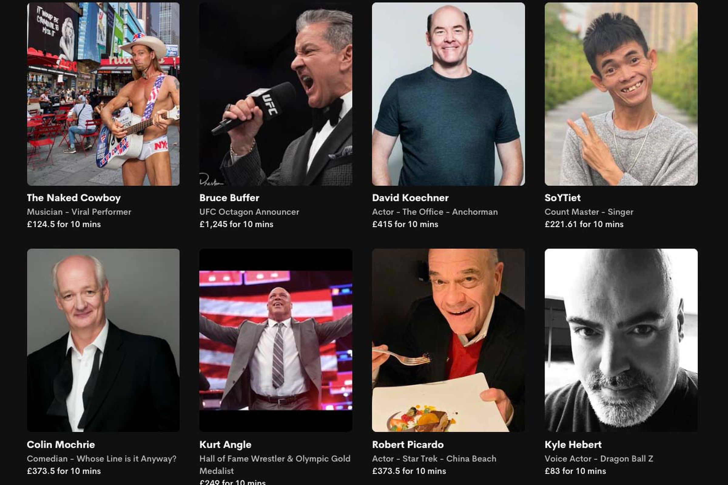 A selection of celebs with their Cameo Live pricing in GBP.