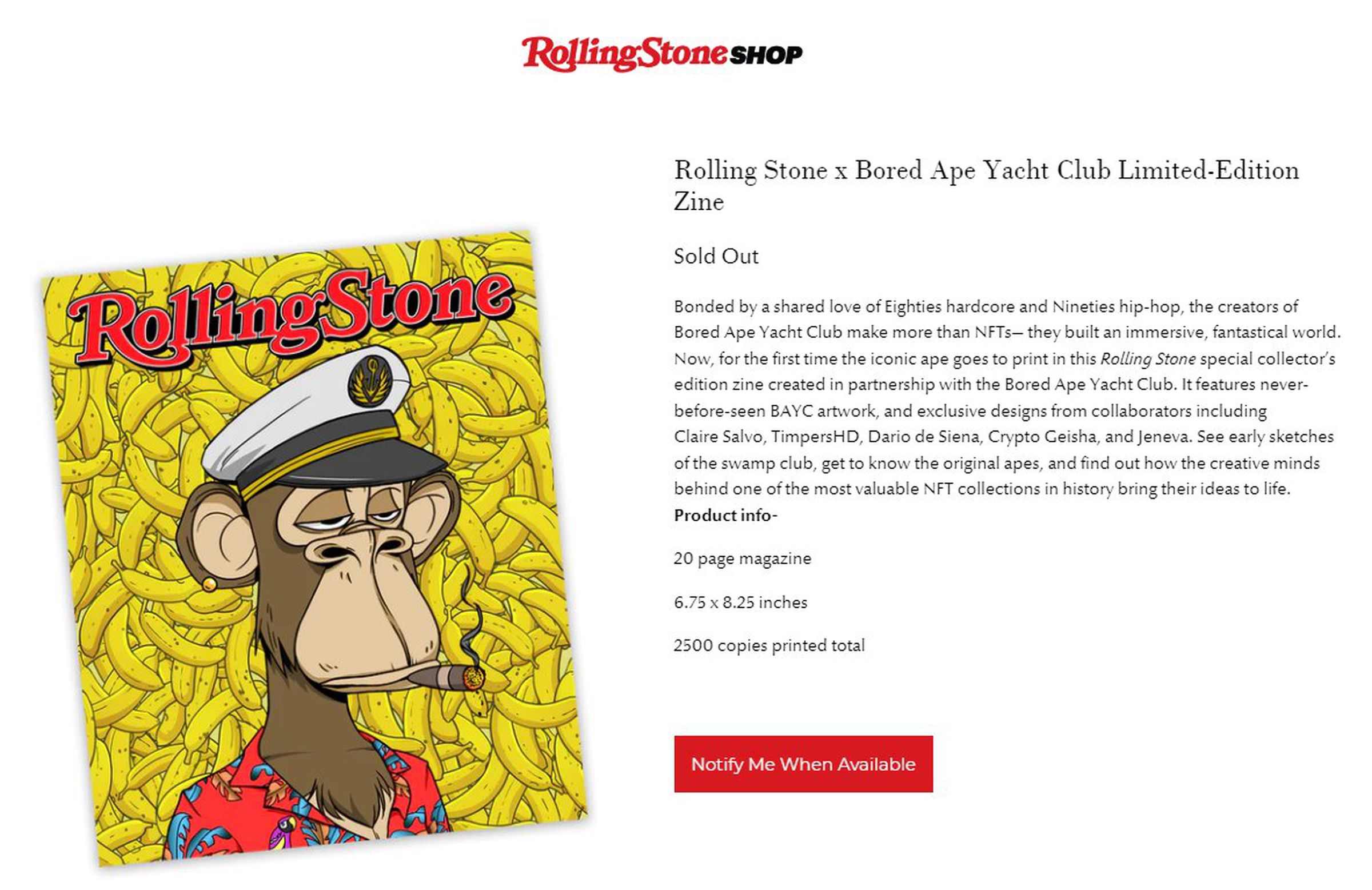 A Rolling Stone Shop page advertising the “Rolling Stone x Bored Ape Yacht Club Limited-Edition Zine” which is now sold out.