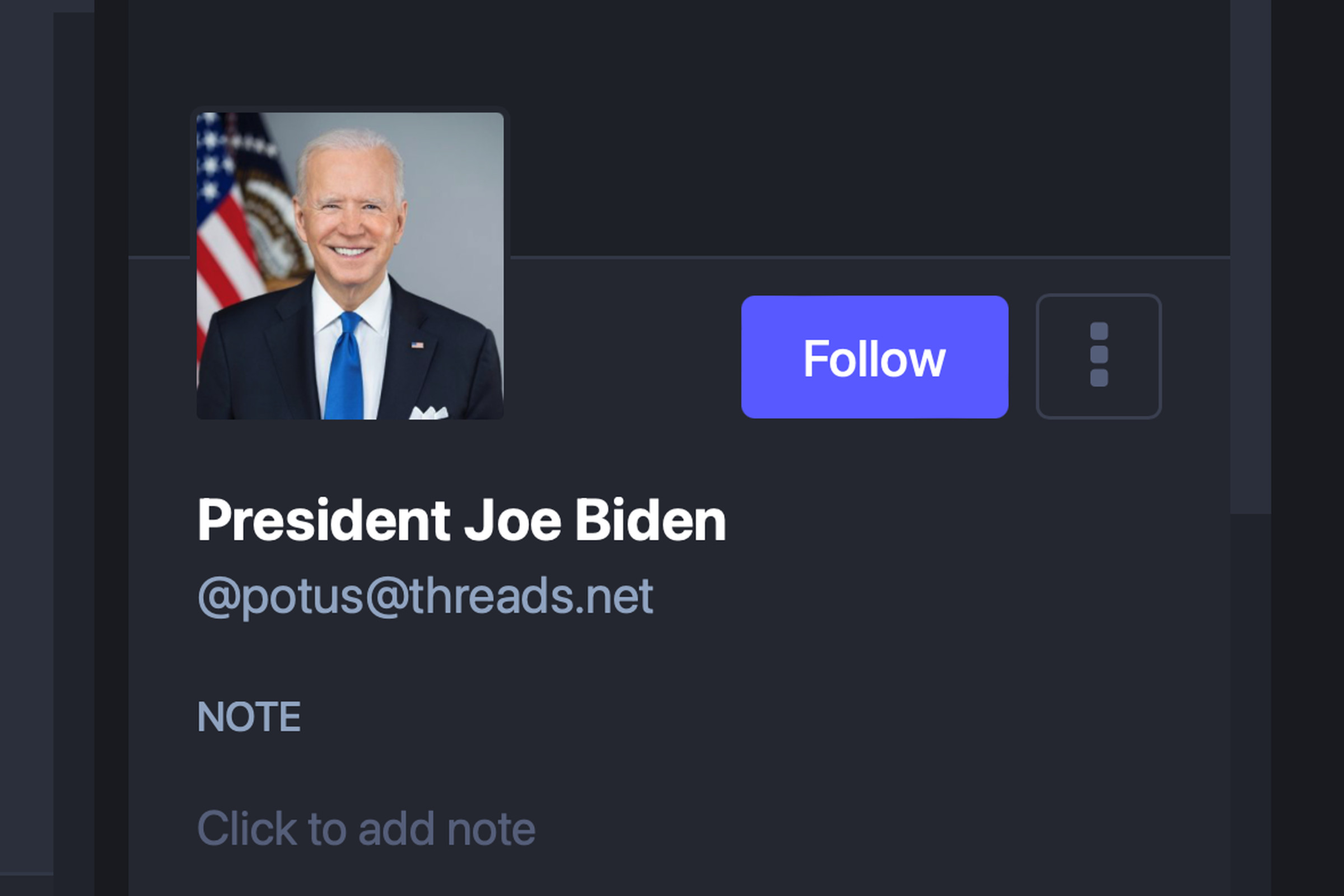 A screenshot of President Biden’s account, as viewed from a Mastodon instance on the web.
