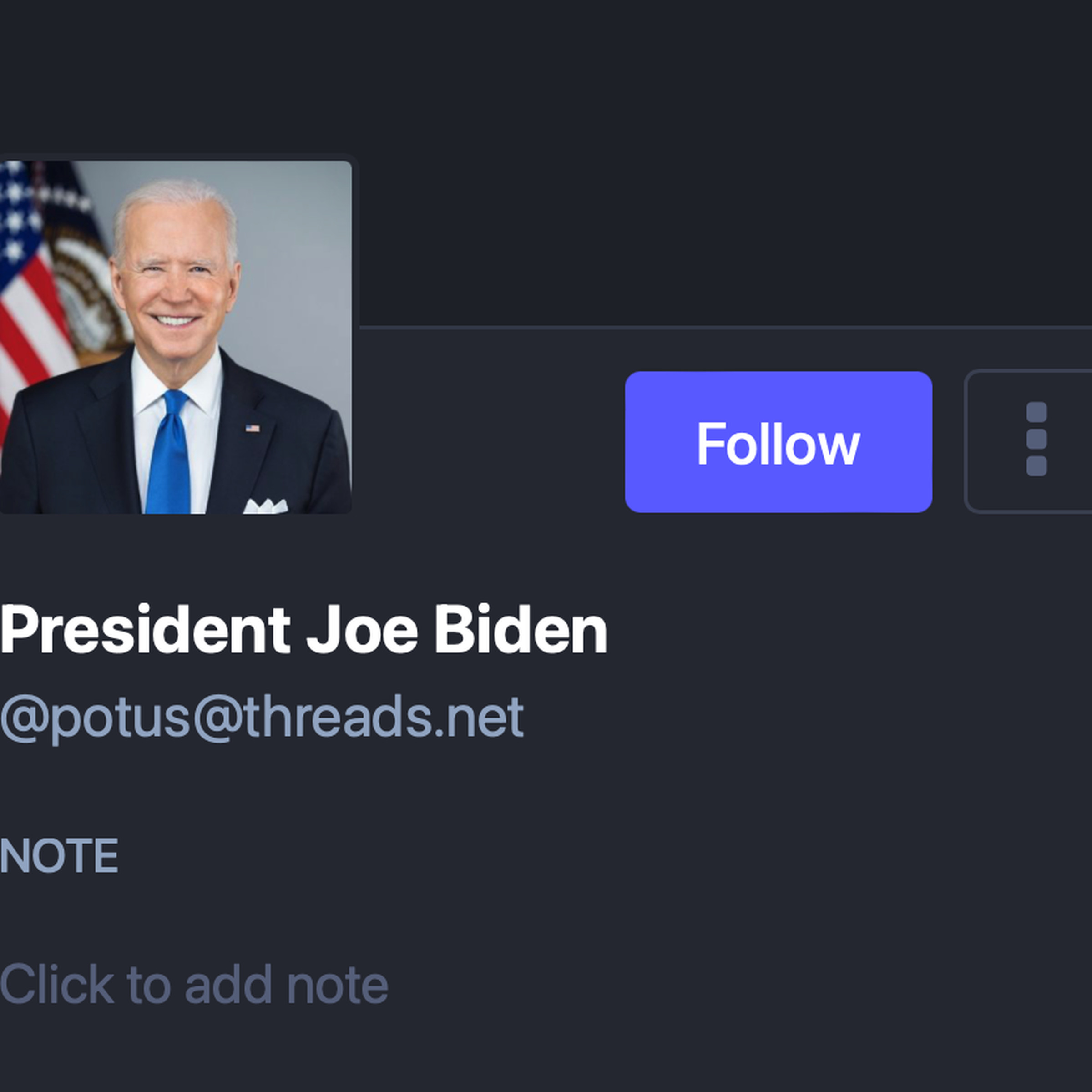 A screenshot of President Biden’s account, as viewed from a Mastodon instance on the web.
