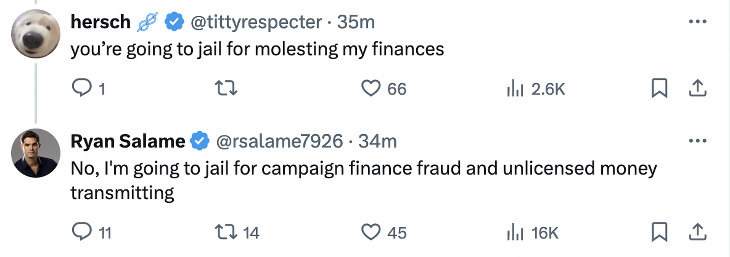Screenshot of two Twitter posts.  The first, by @tittyrespecter, reads: “you’re going to jail for molesting my finances.” Salame replies: “No, I’m going to jail for campaign finance fraud and unlicensed money transmitting”