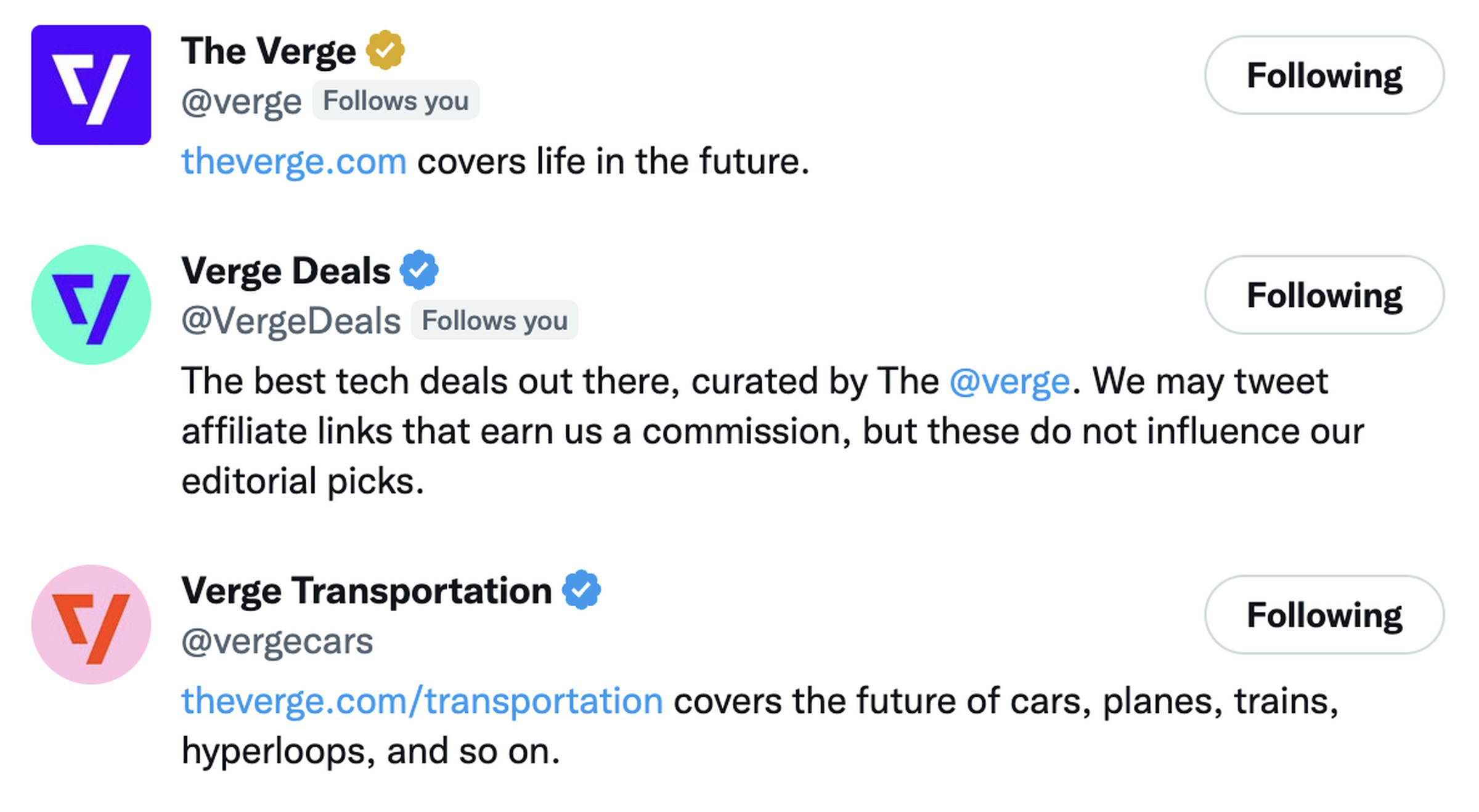 A screenshot showing three of The Verge’s Twitter accounts.