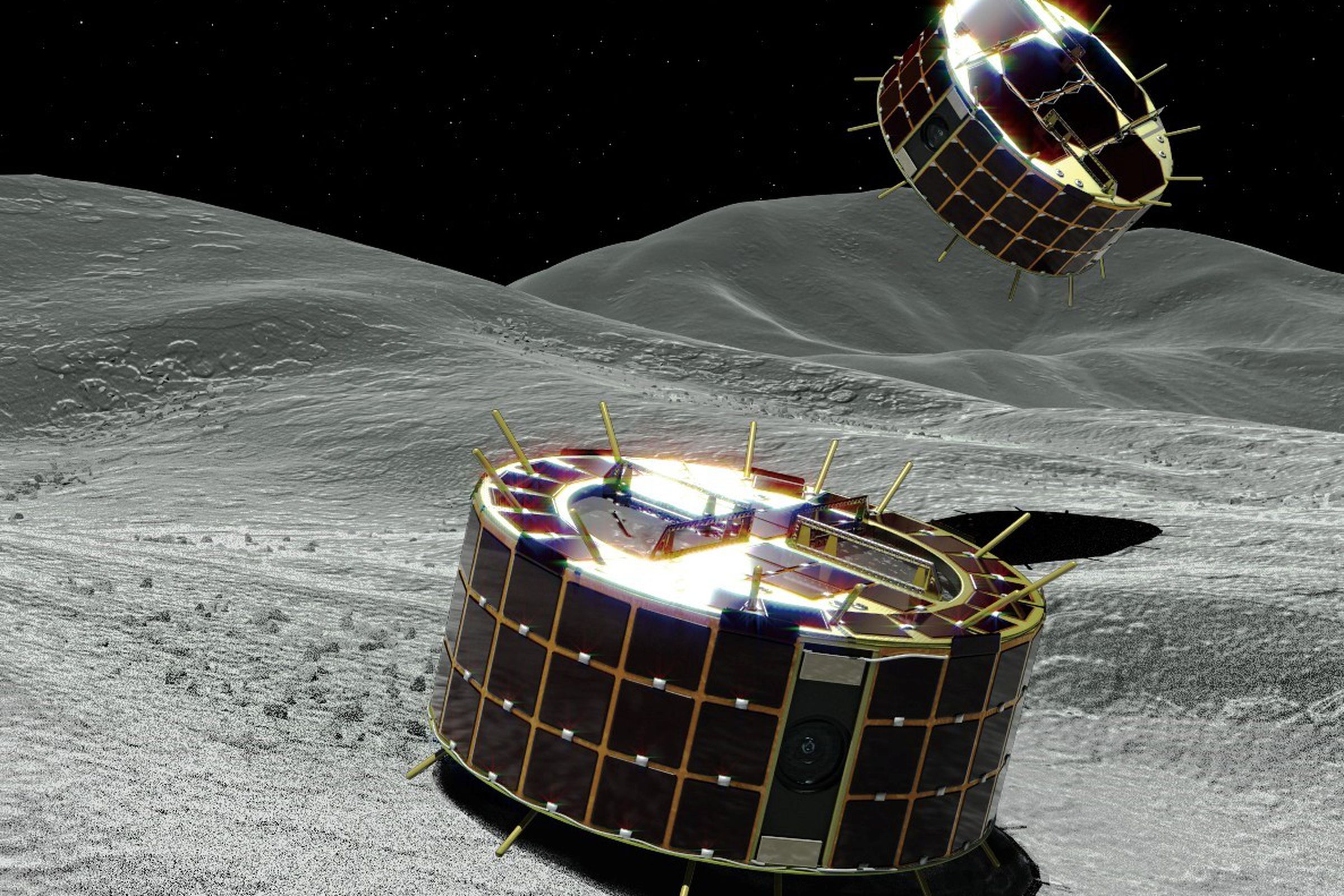 An artistic rendering of the two rovers on Ryugu’s surface.