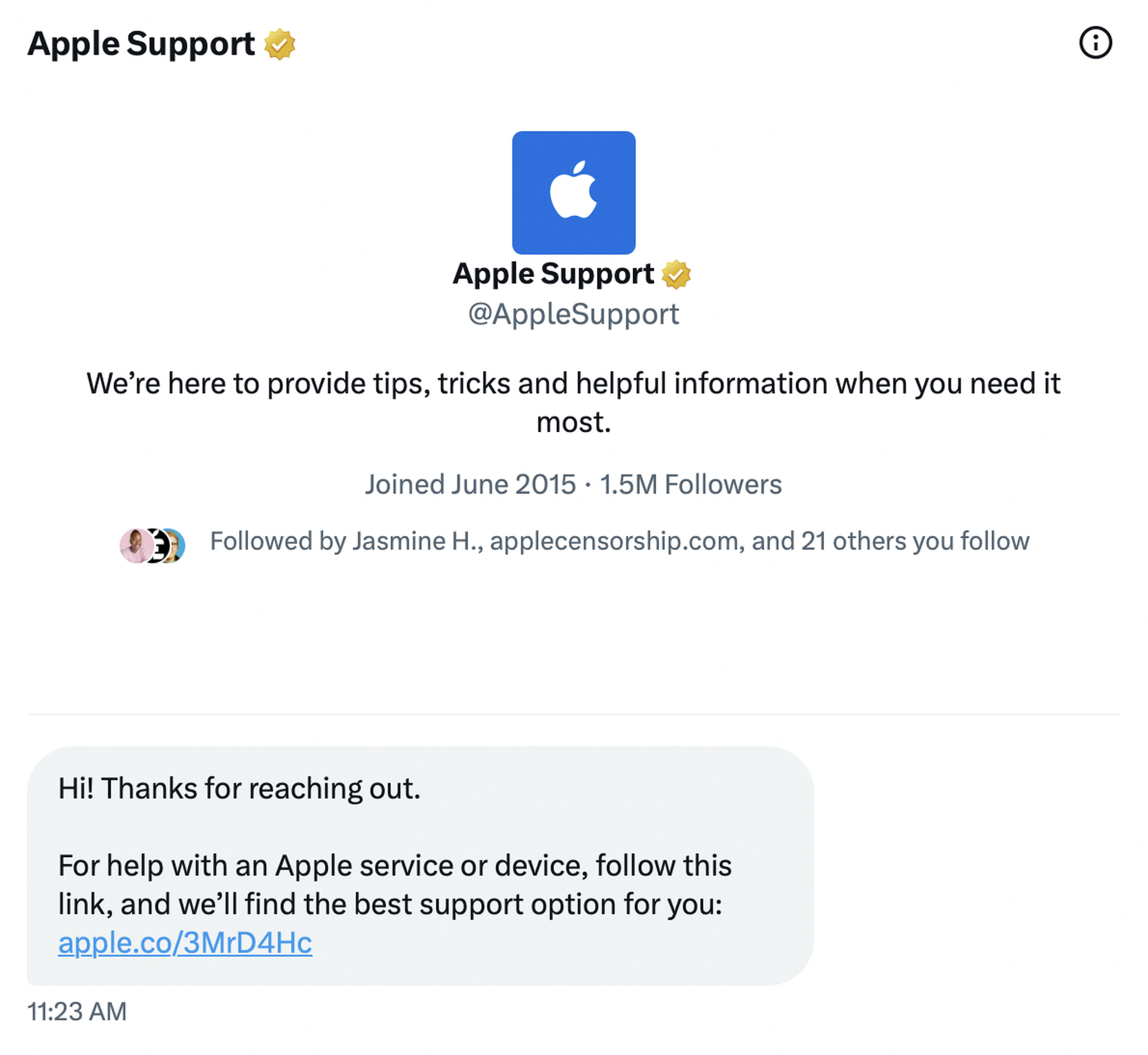 The Apple Support account now directs you to the company’s website.