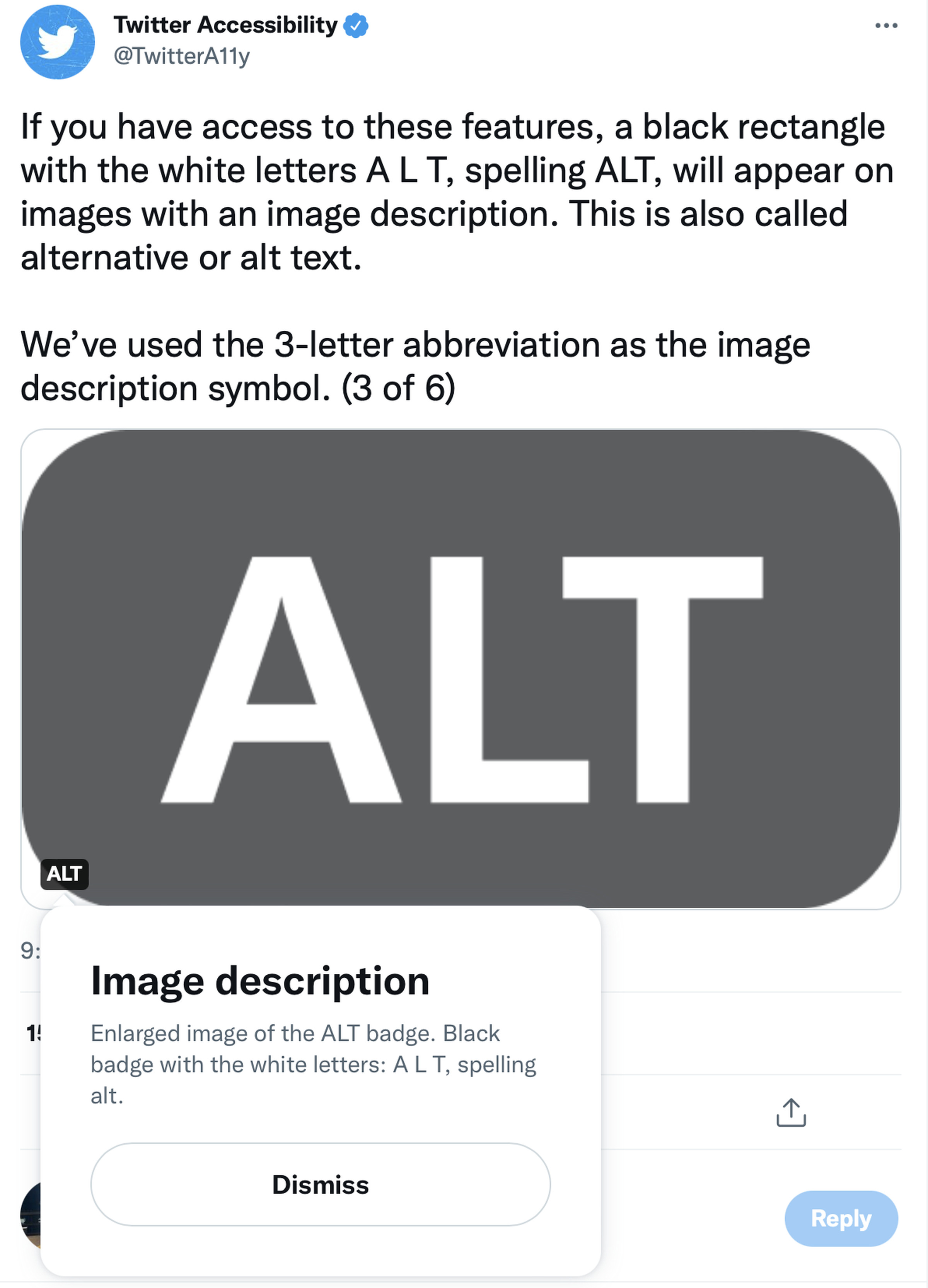 Screenshot of a tweet where the “Alt” badge does appear on an image, showing the box that lets you read the image description.