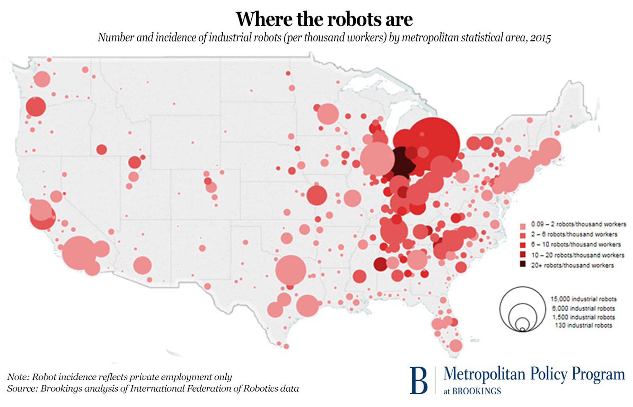 Industrial robots in the US are mainly used in the Midwest and upper South