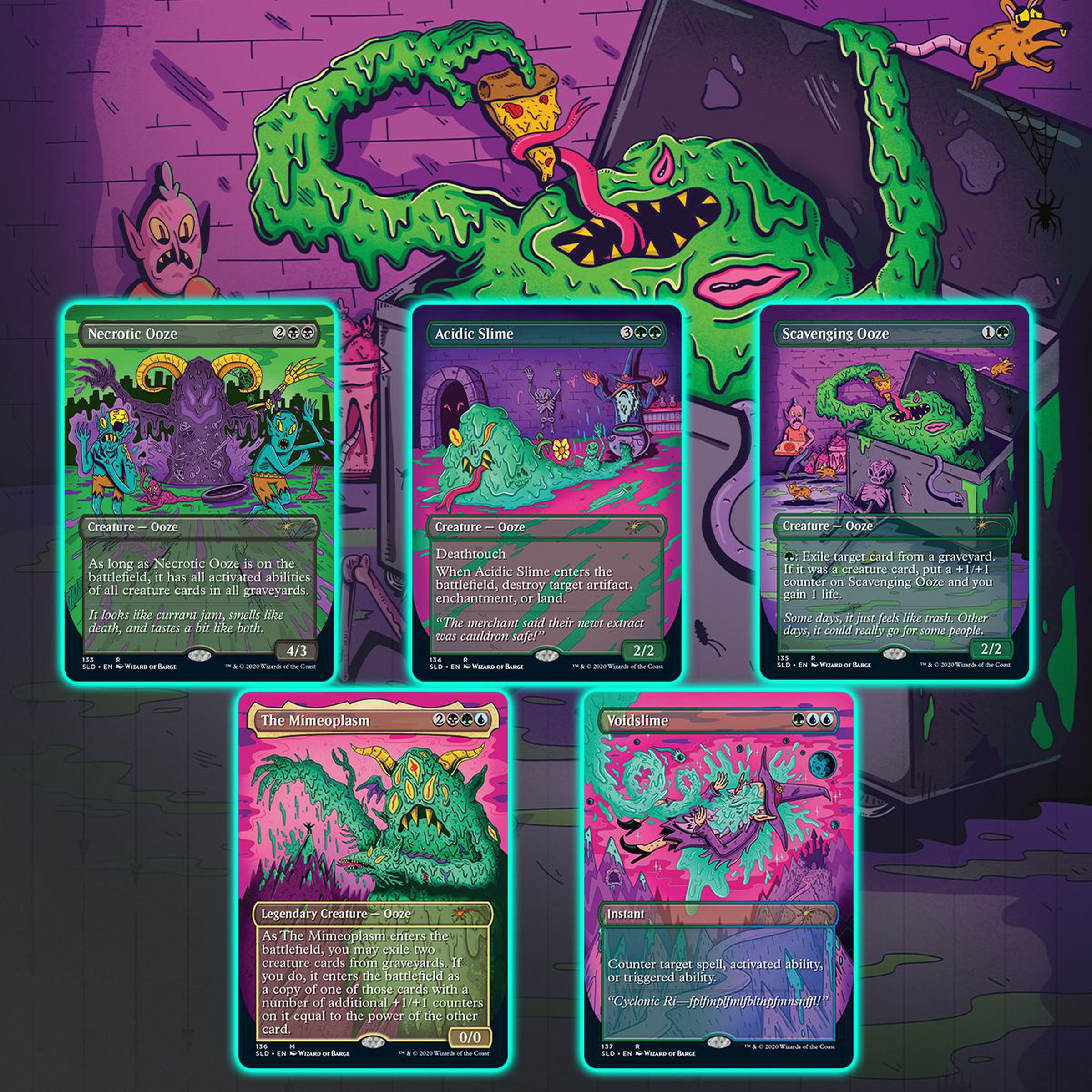 Prime Slime includes five cards from Magic’s History: Acidic Slime, The Mimeoplasm, Necrotic Ooze, Scavenging Ooze, and Voidslime.