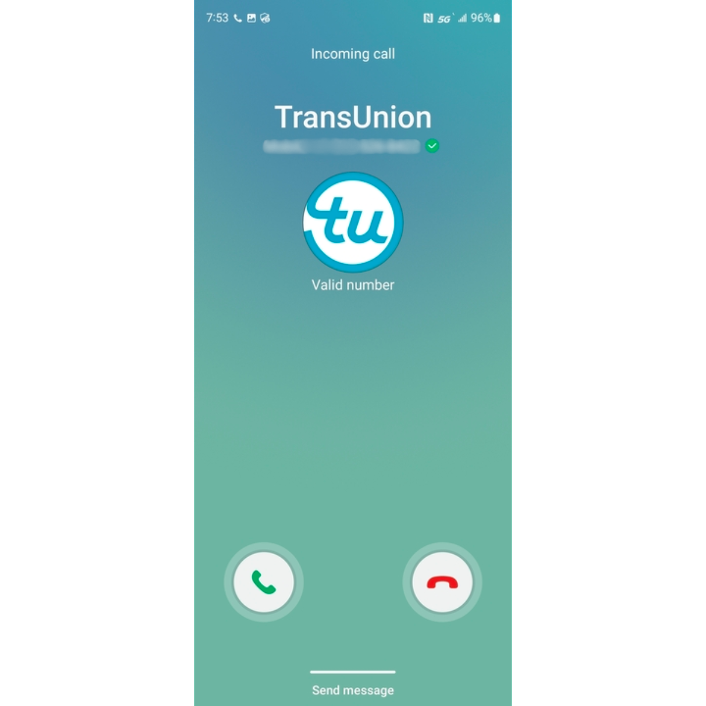 An image of a cell phone screen shows a call from TransUnion that shows the company’s name and logo.