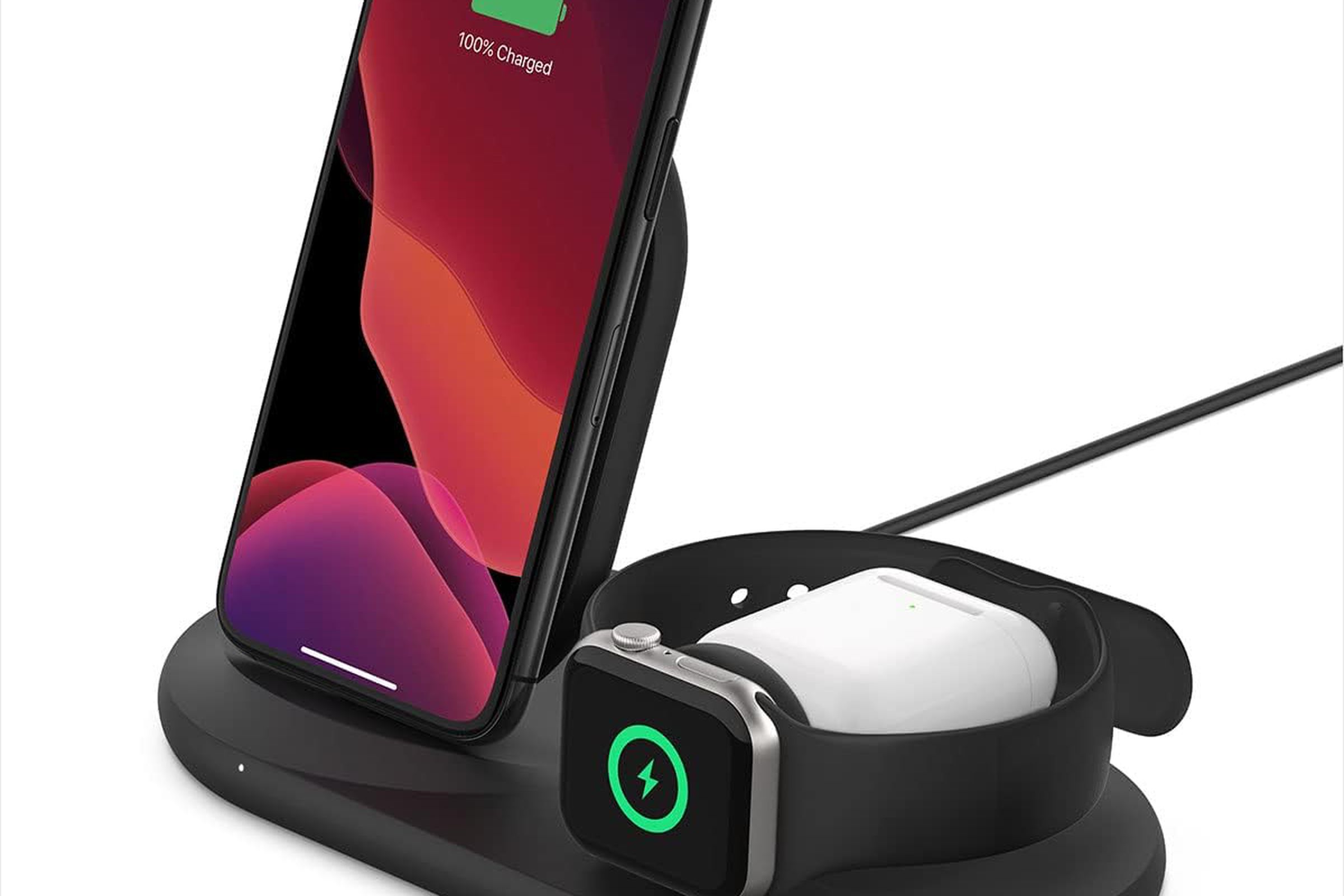 Belkin 3-in-1 wireless charger with phone and watch charging on in