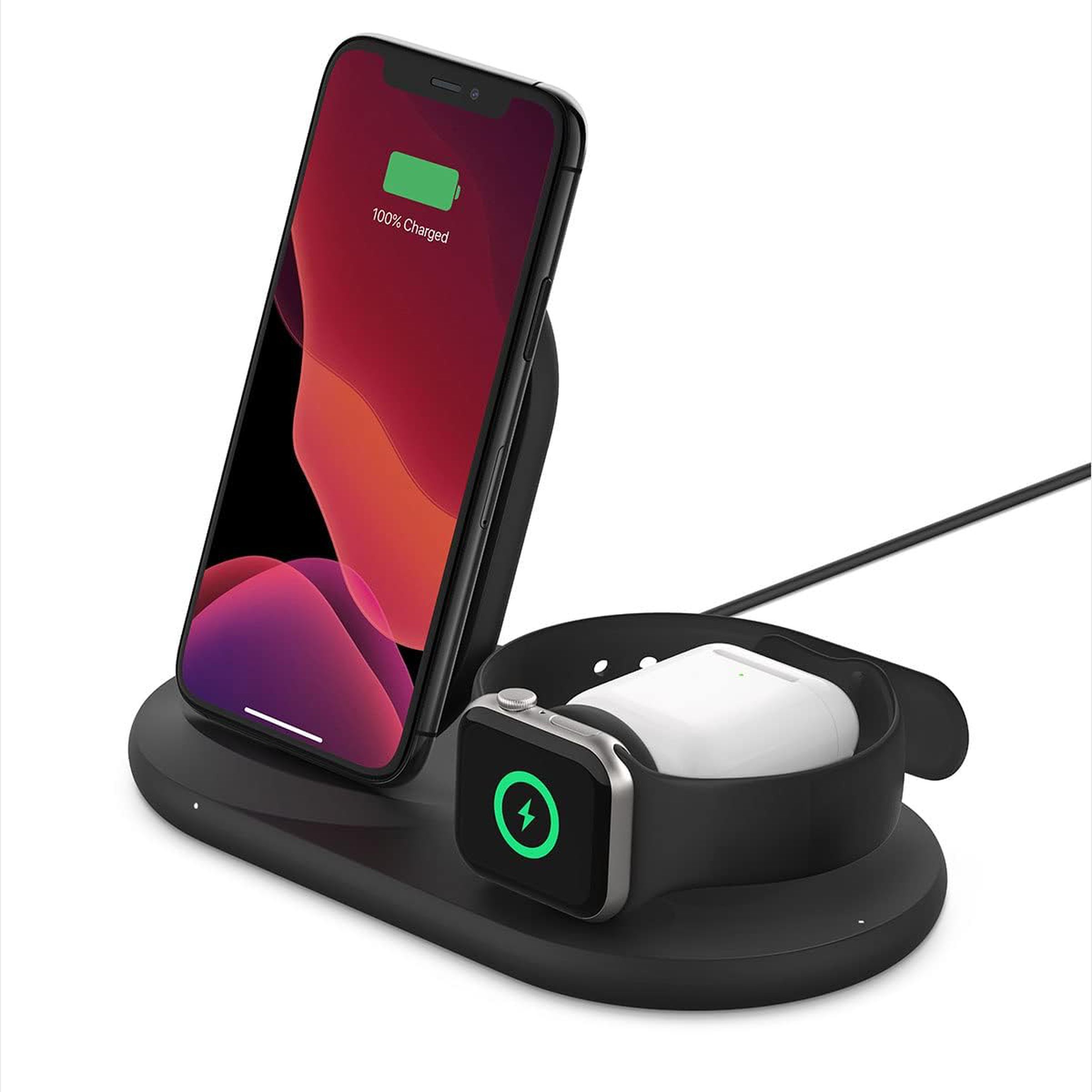 Belkin 3-in-1 wireless charger with phone and watch charging on in