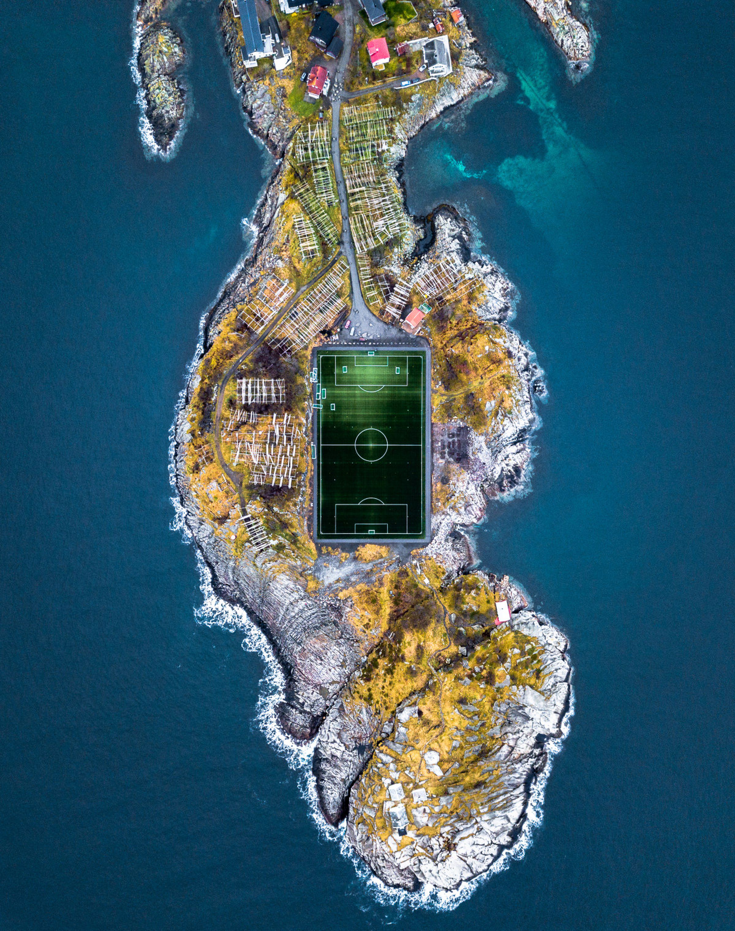 People’s Choice; “Lofoten.” An aerial view of a soccer pitch on an island in the Norwegian archipelago of Lofoten.