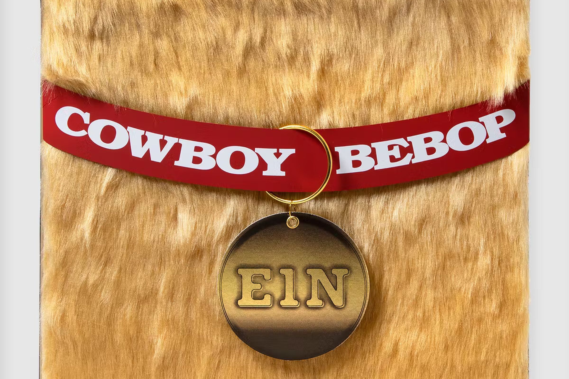Image of Cowboy Bebop limited-edition vinyl collection featuring a furry jacket made to look like a Welsh corgi’s coat ringed with a red dog collar that says “Ein”