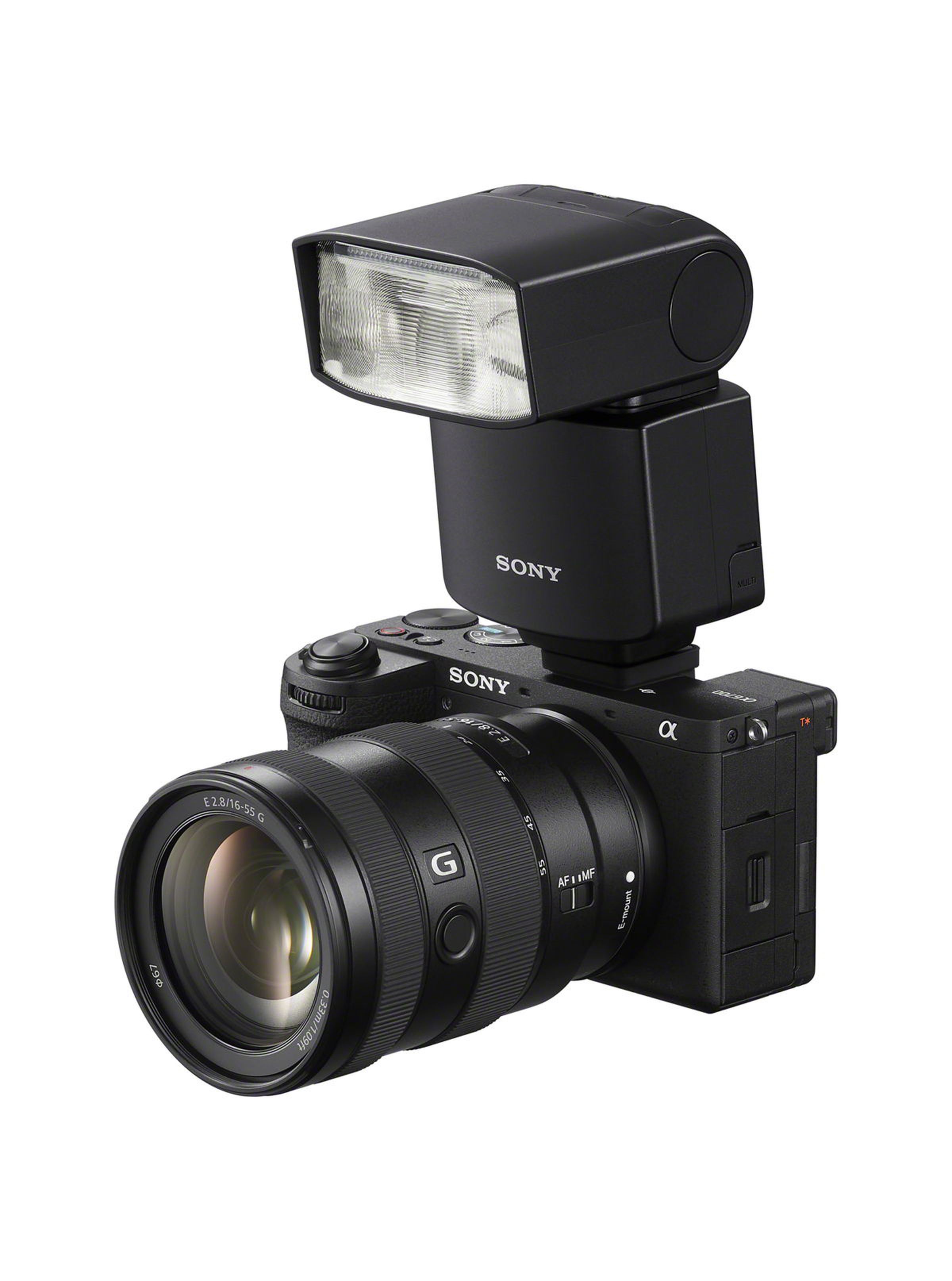 Three quarter view of the Sony A6700 showing a flash attachment.