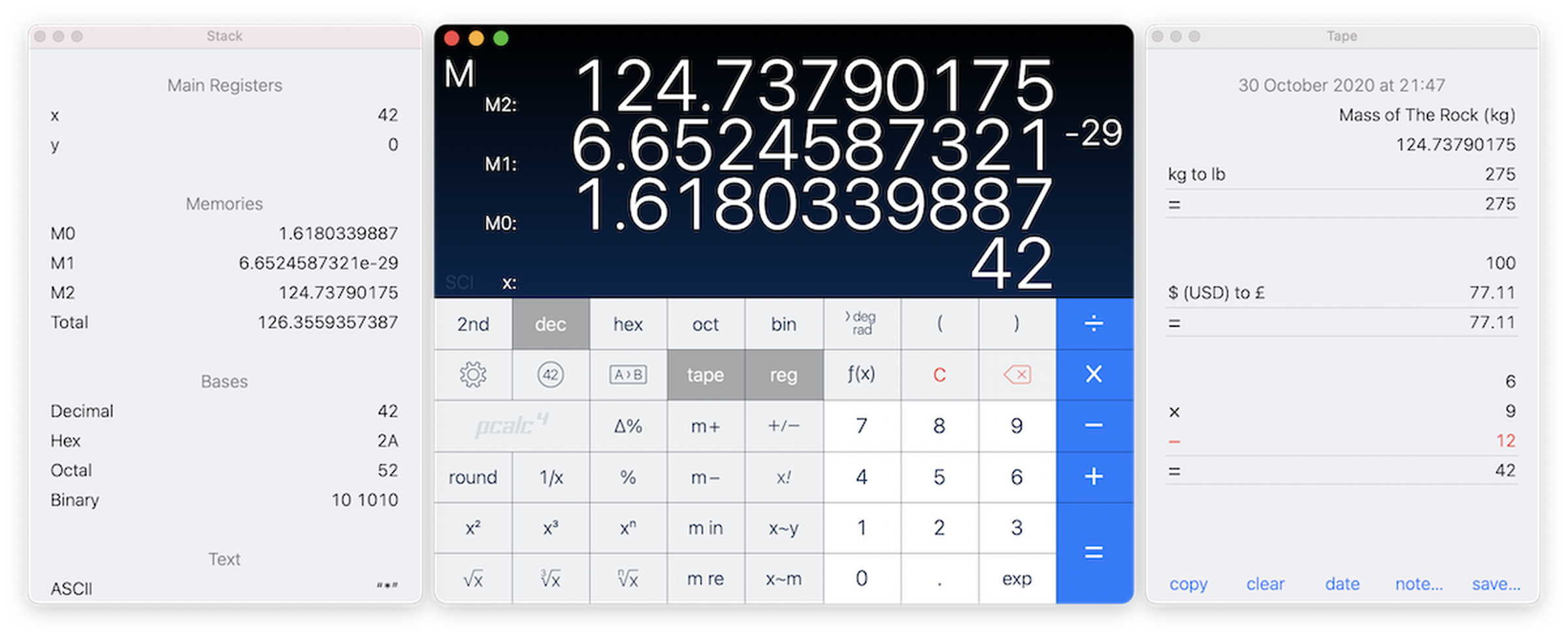 Screenshot showing three PCalc windows. In the center is a calculator with advanced functions visible.
