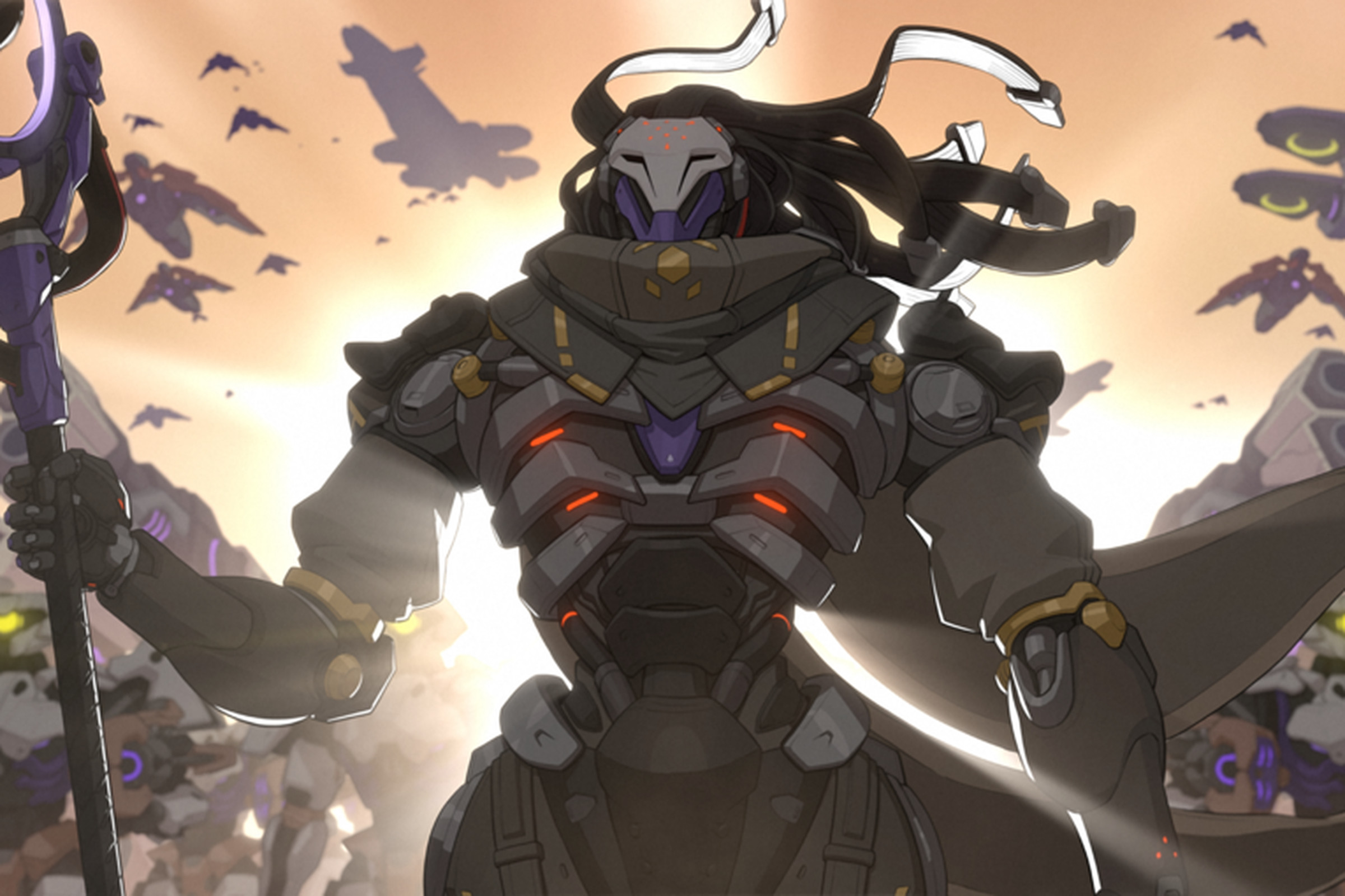 Graphic from Overwatch 2’s new hero reveal trailer featuring a sentient robot holding a giant staff with robotic hair blowing in the breeze.