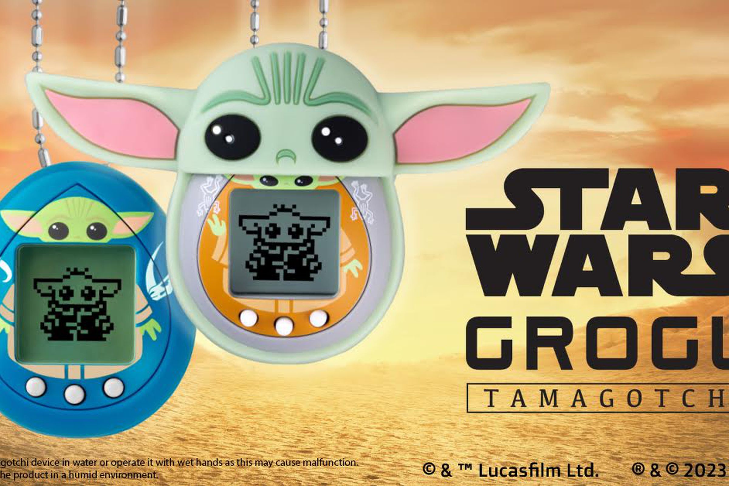 A photo of two different versions of the Grogu-themed Tamagotchi.