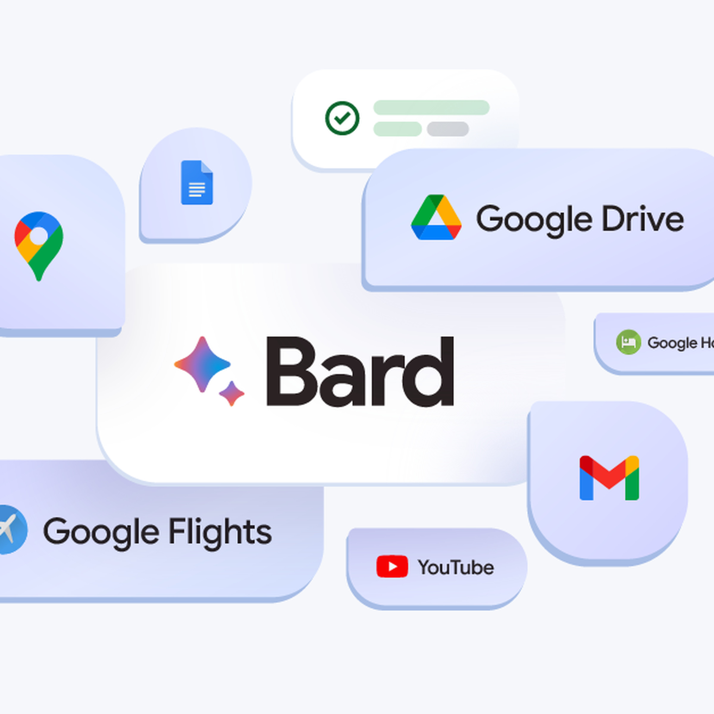 A graphic showing Bard’s logo with Gmail, Drive, Docs, and other apps