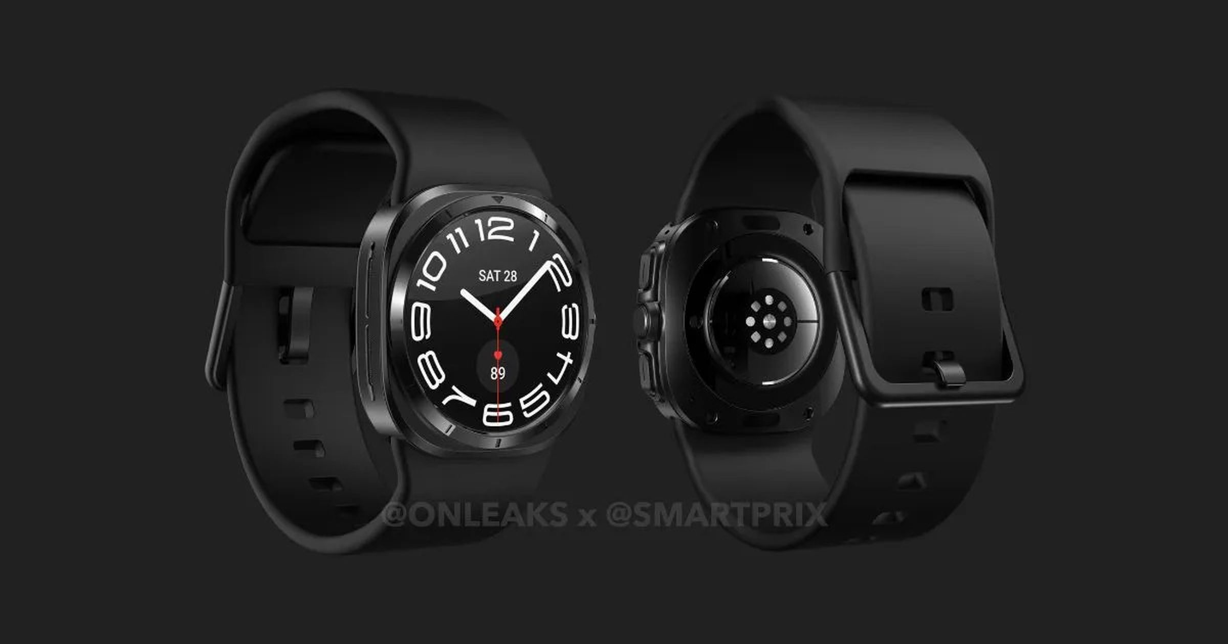 A picture showing the front and back of the Galaxy Watch 7 Ultra with a black band.