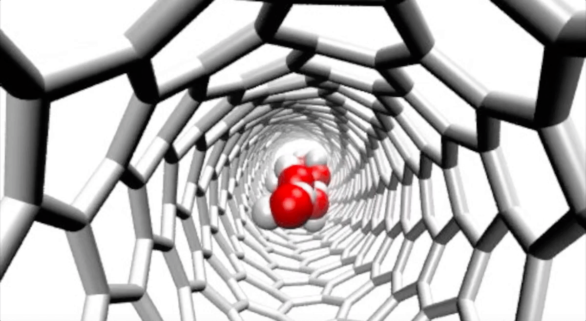Simulation of water molecules passing through a carbon nanotube.