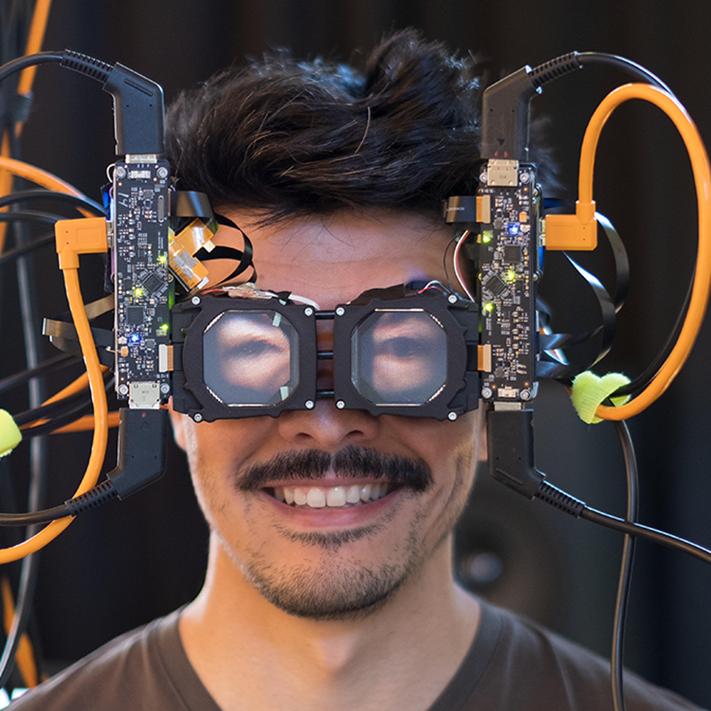 Facebook’s prototype for “reverse passthrough VR,” a system for creating the illusion of eye contact while wearing a VR headset.