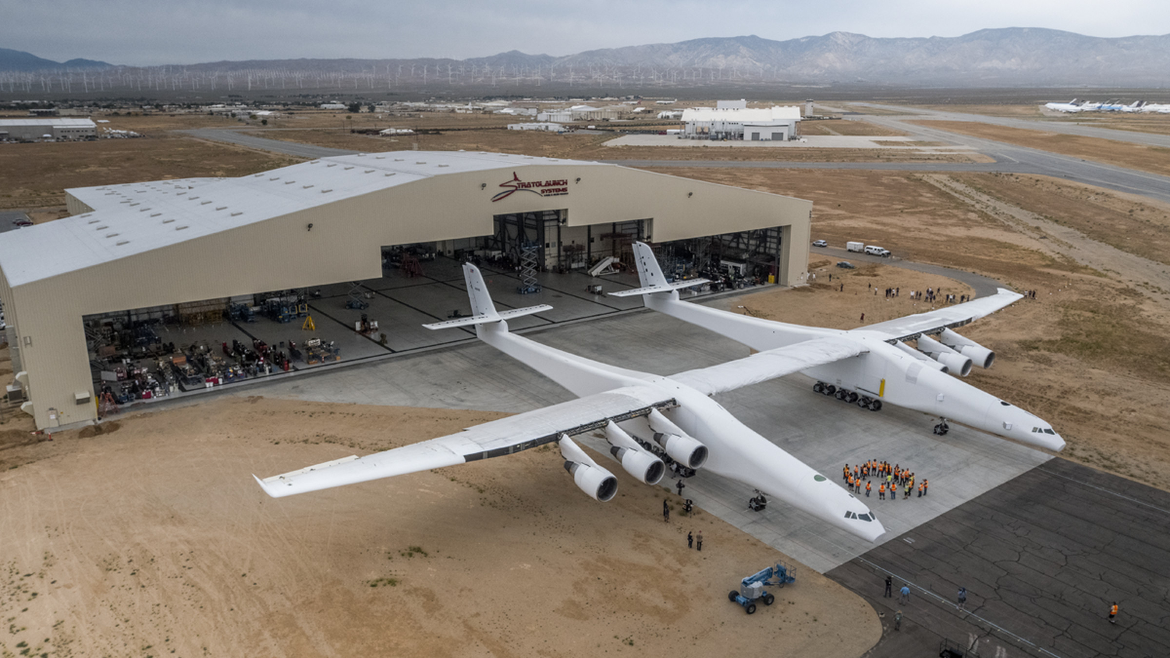 The Stratolaunch plane out of its hangar.