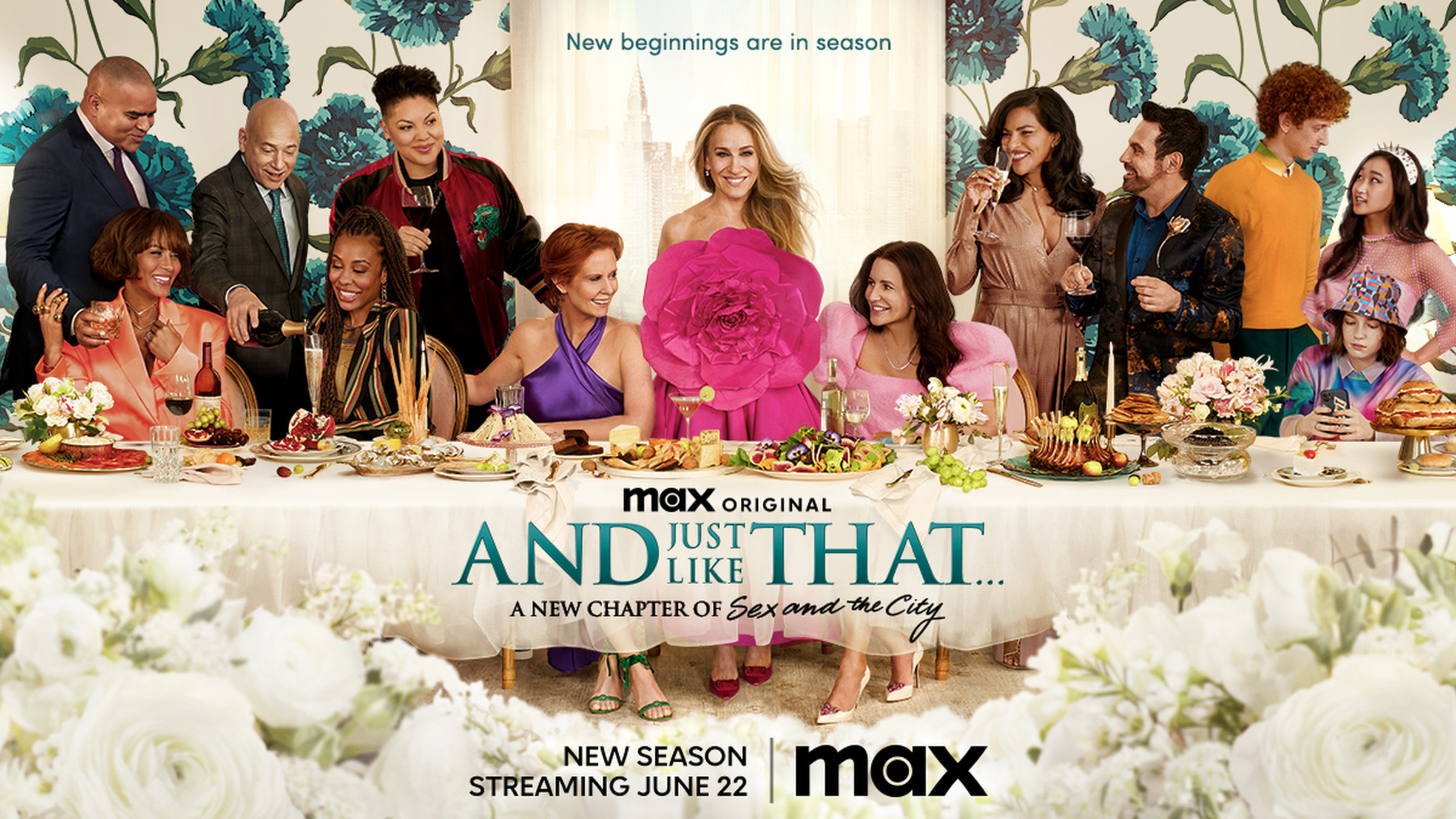 An assortment of characters from Sex and the City, and And Just Like That sitting at a table styled to resemble The Last Supper.