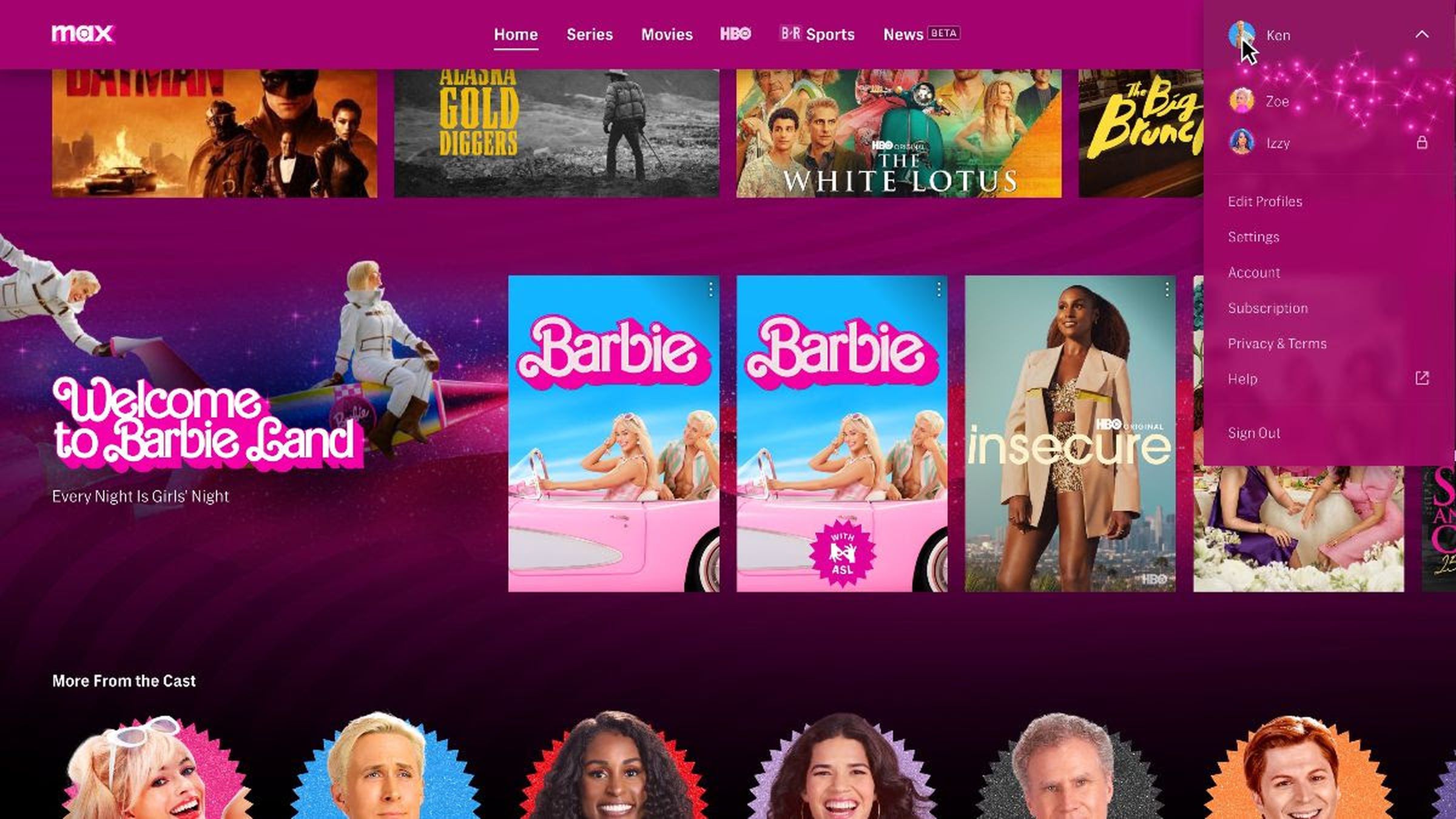 The Max homepage rendered in pink to celebrate Barbie’s premiere.