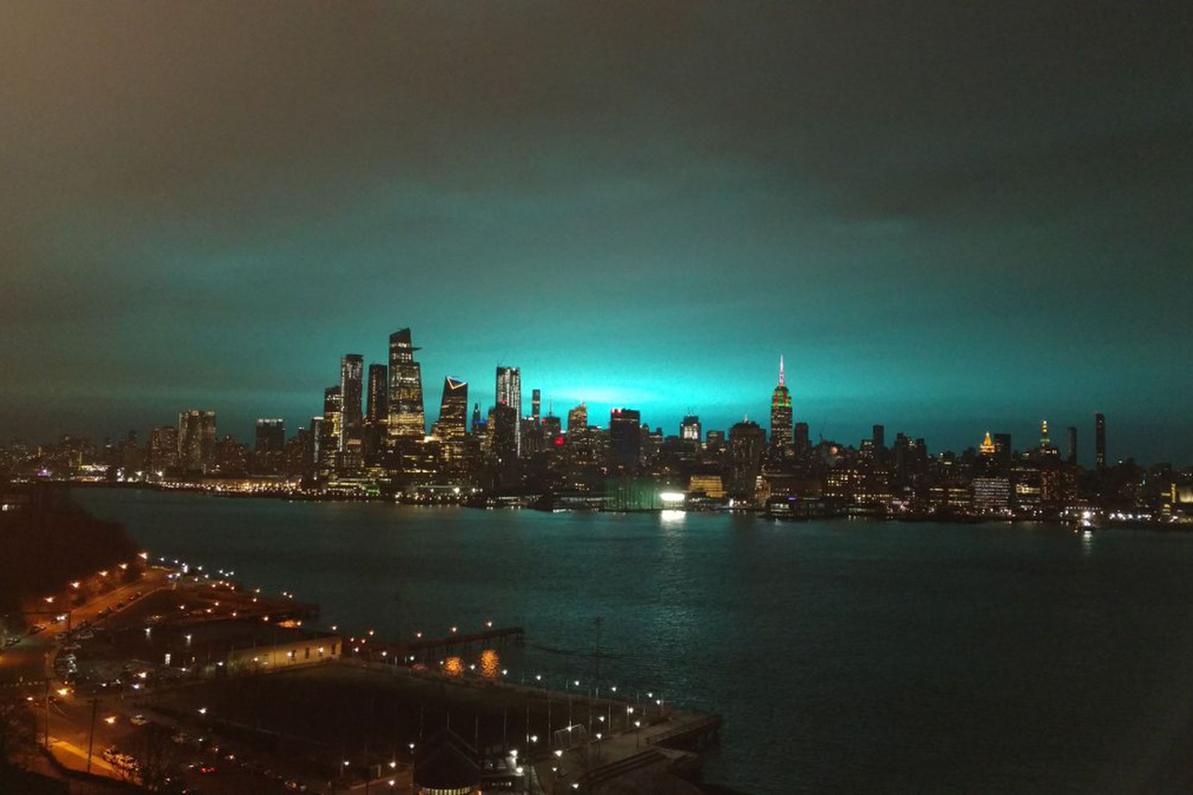 The blue glow that lit up the New York City skyline last night was the result of a fire at an electrical substation in Queens.