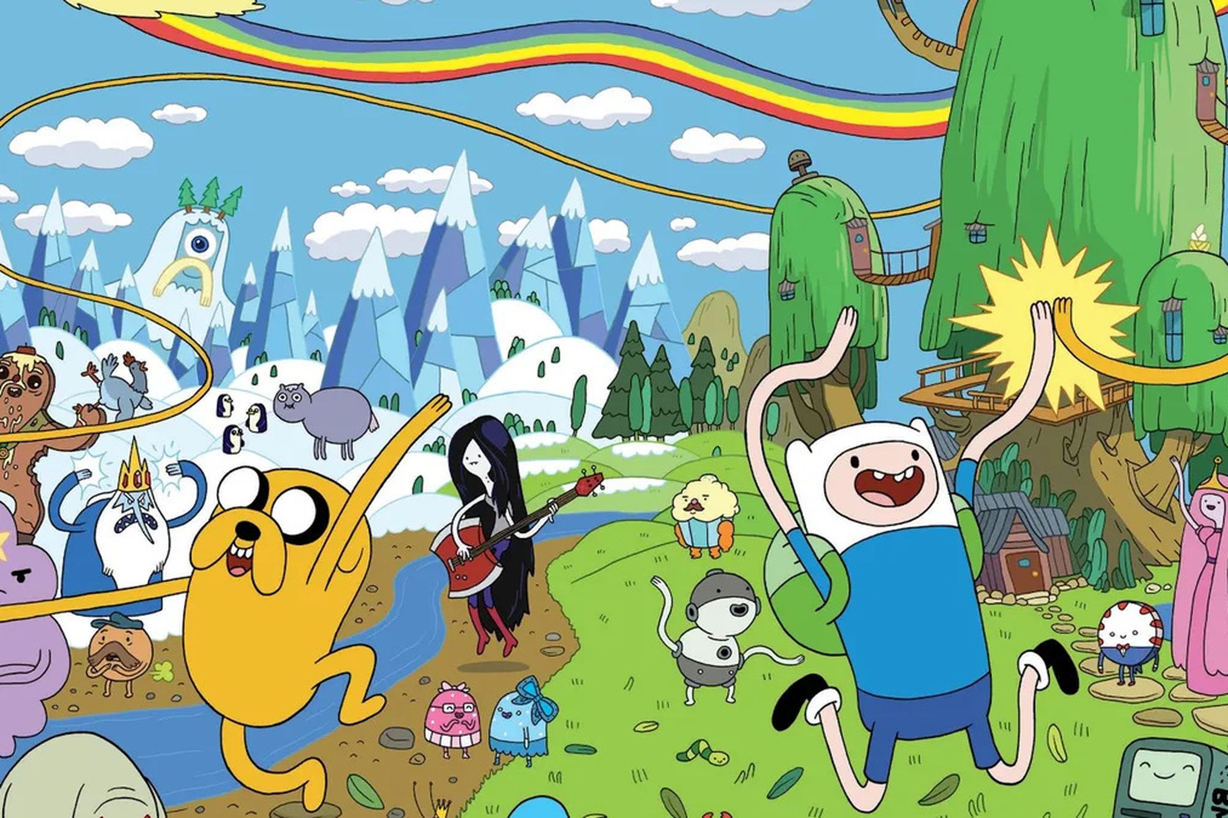 Characters from Adventure Time frolicking on grassy hills.