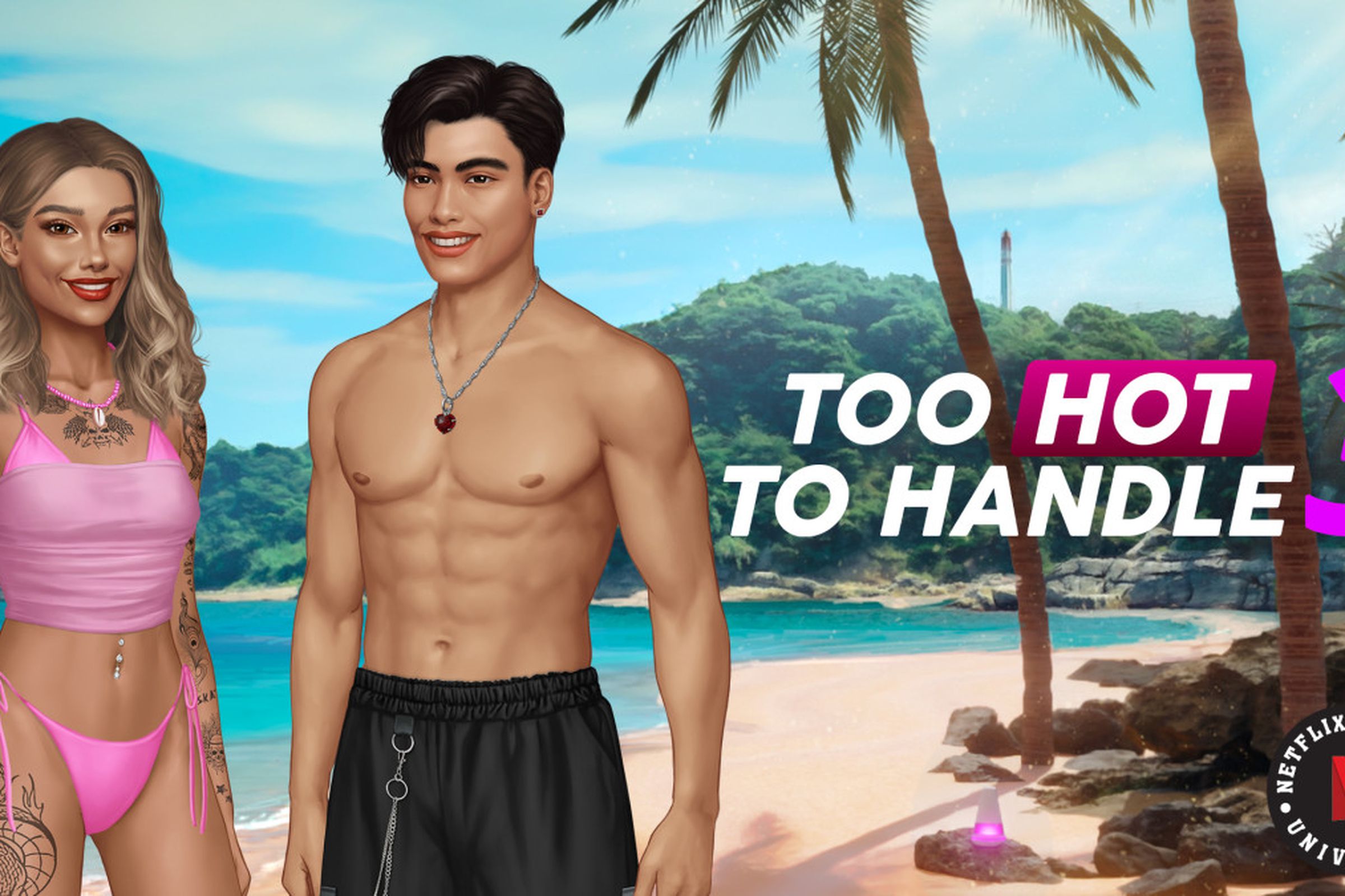 Graphic for Netflix’s Too Hot To Handle 3 interactive fiction game.