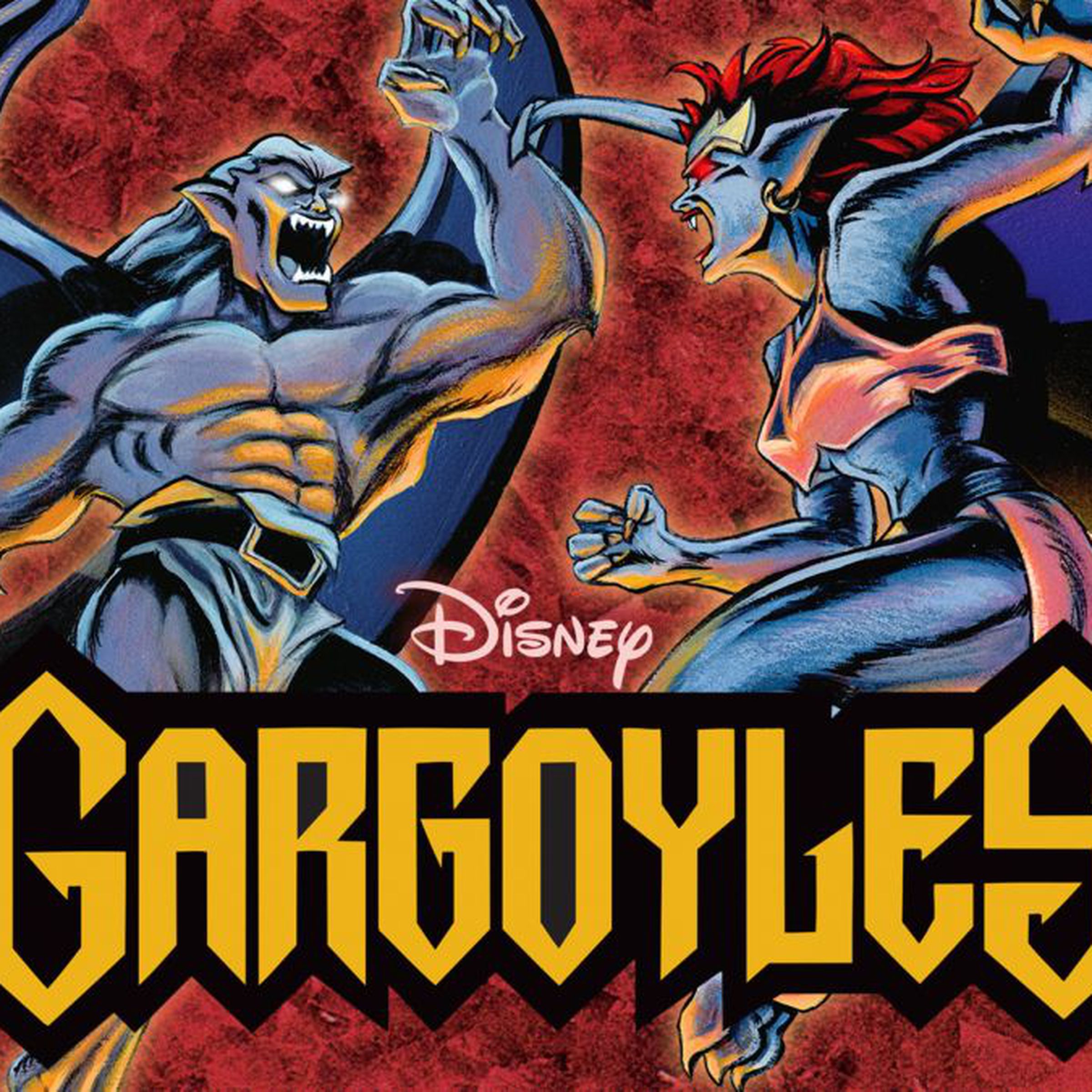 And image of a male gargoyle and female gargoyle about to attack each other on a red background. In the foreground is the text Disney’s Gargoyles.