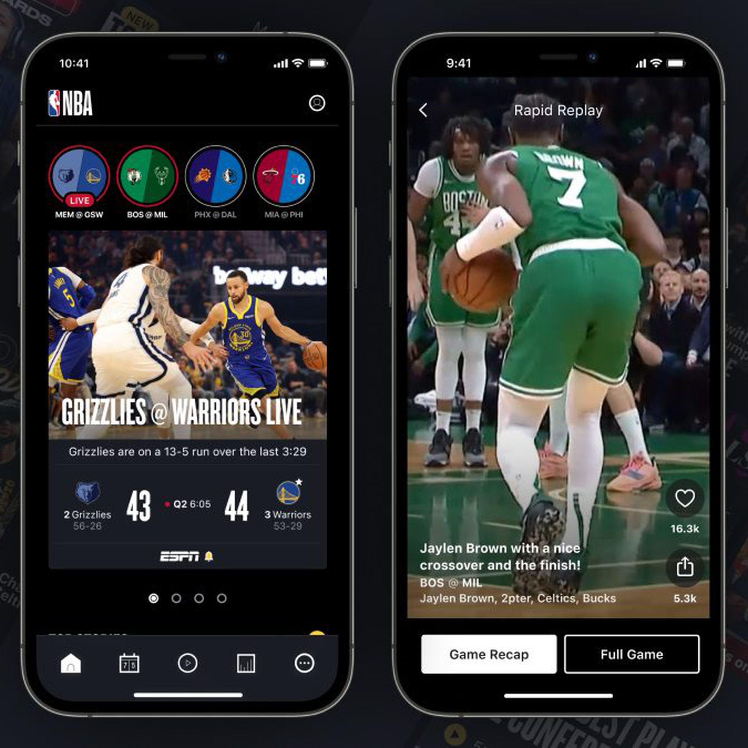 Two phone screens featuring the NBA app